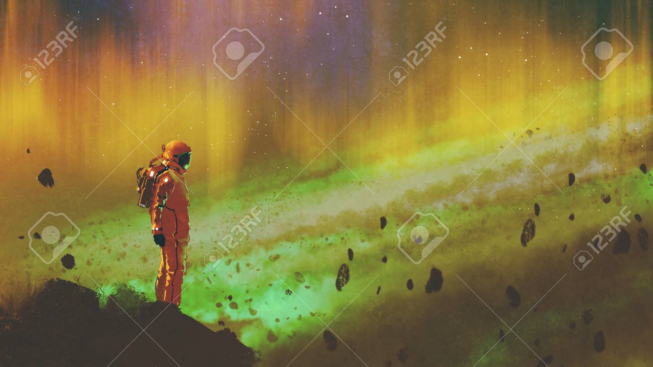カラフルなライト デジタル アートのスタイル 絵画イラスト星空宇宙の岩の上に立っている宇宙飛行士 の写真素材 画像素材 Image
