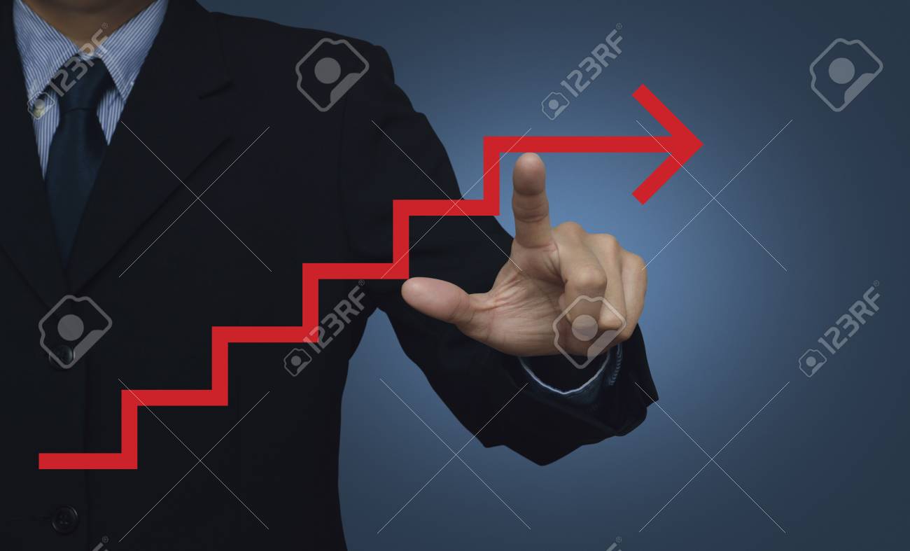 Geschaftsmann Zeigt Auf Rote Pfeil Treppe Symbol Auf Blauem Hintergrund Erfolg Konzept Lizenzfreie Fotos Bilder Und Stock Fotografie Image 52029906