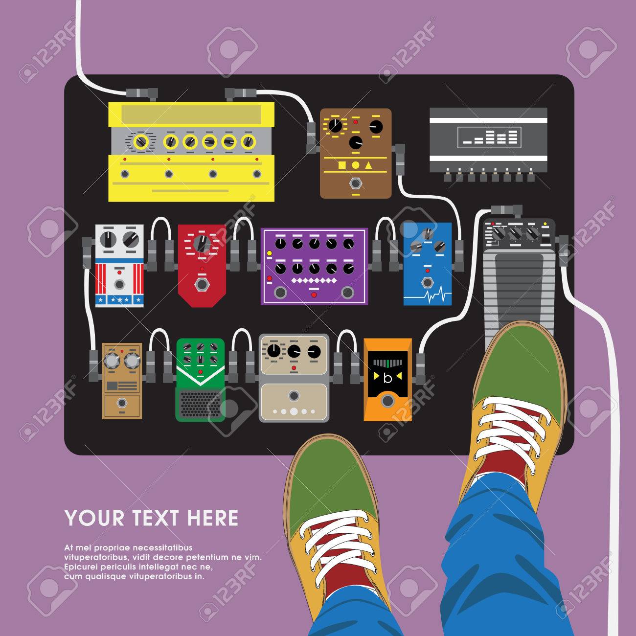 Design Plat Effets De Pedale Carte Avec Le Guitariste Vue De Dessus Une Affiche Texte Fond Clip Art Libres De Droits Vecteurs Et Illustration Image