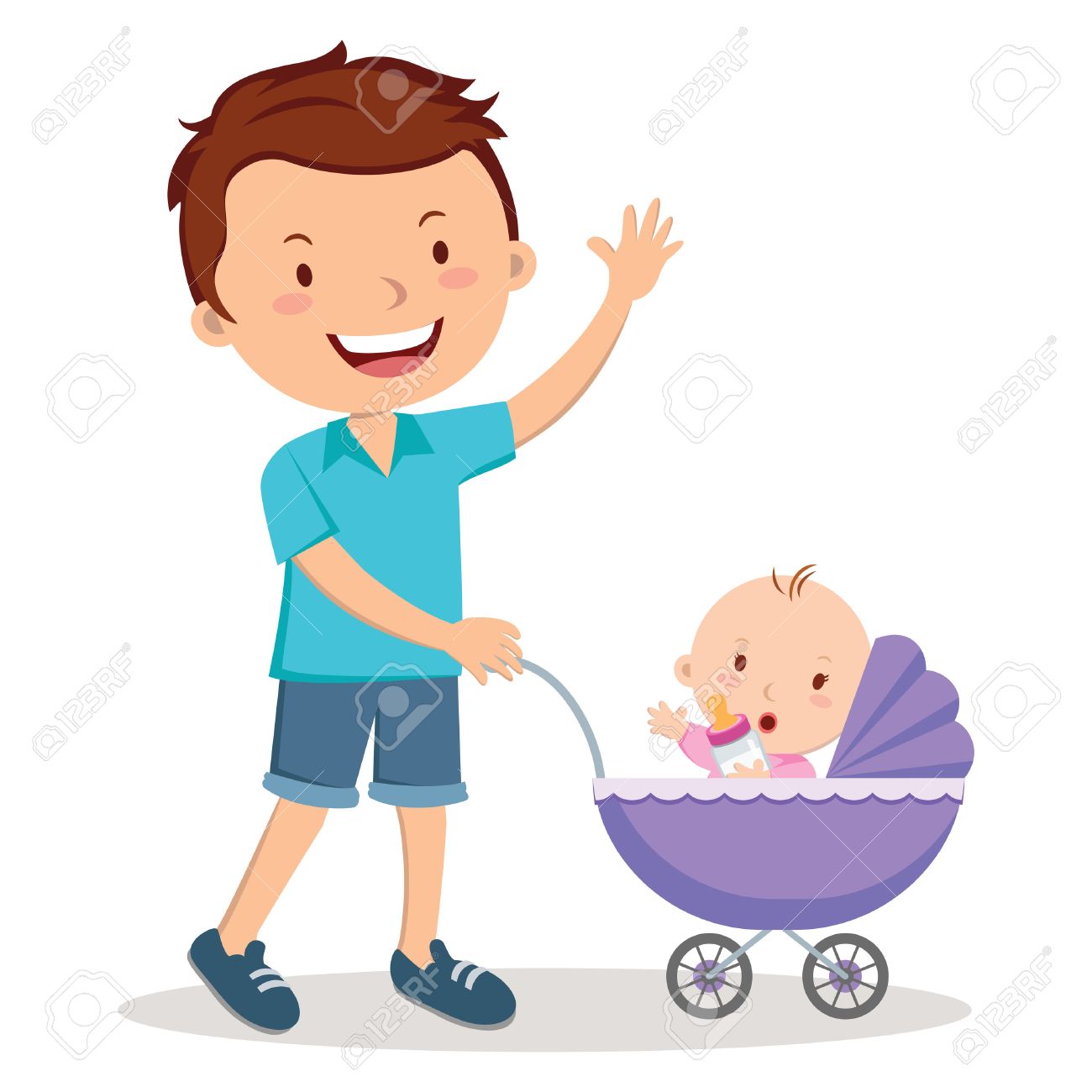 Padre con el bebé en cochecito. Padre joven empujando bebé en cochecito de niño con la botella de leche. Padre con el bebé en cochecito. Padre joven empujando bebé en cochecito de niño con la botella de leche.