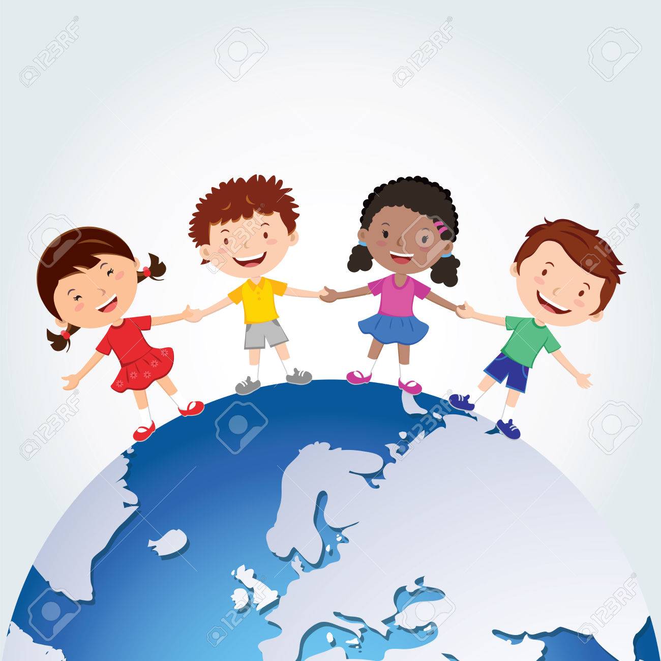 世界の子供たち 国際親善の日 惑星の周り多様な子供たちを保持している手のベクター イラストです のイラスト素材 ベクタ Image