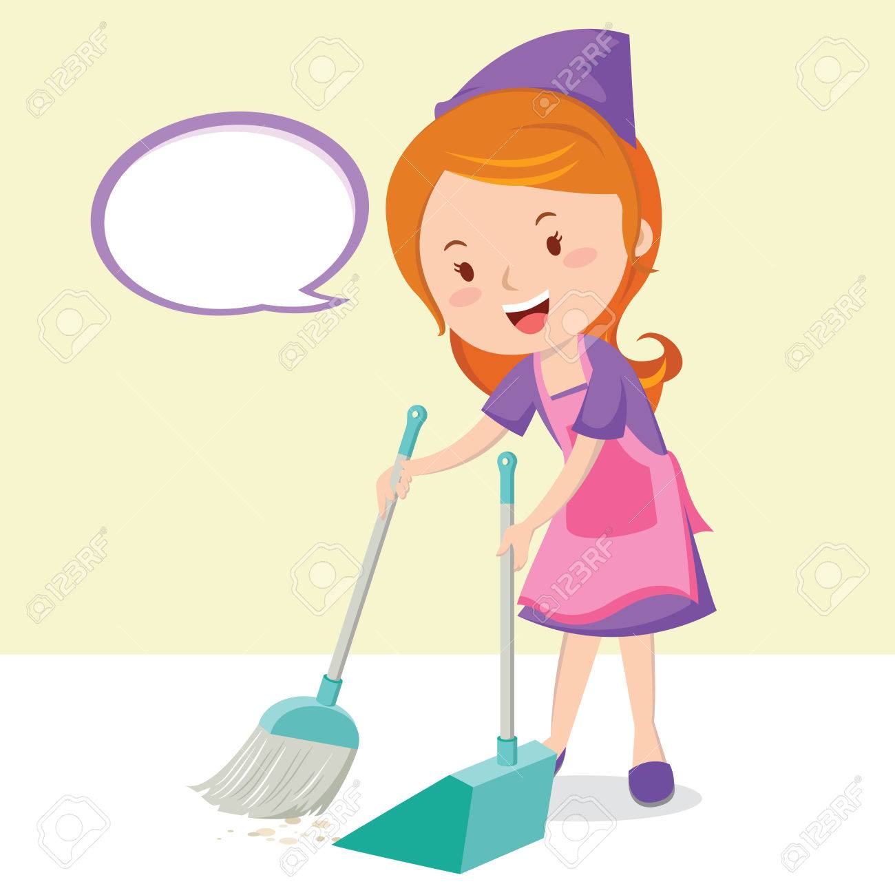 Young Girl Sweeping Floor With Broom Royalty Free Cliparts