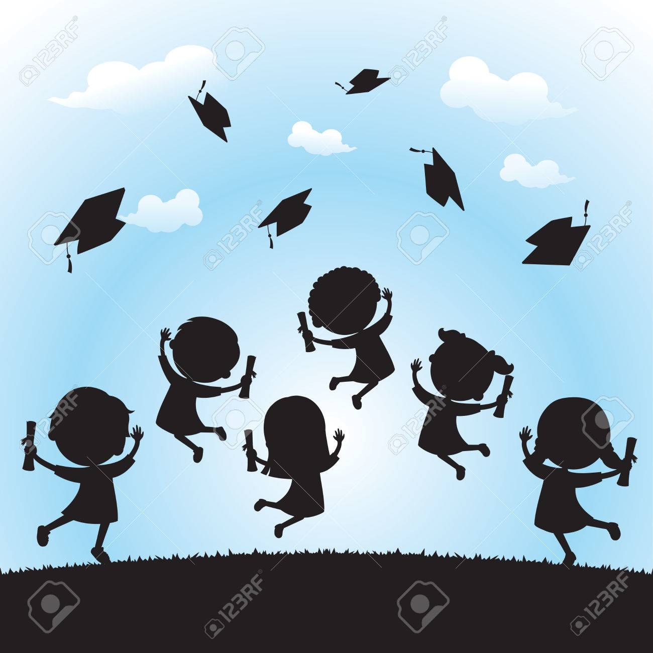 celebrate graduation silhouette school kids jumping for joy