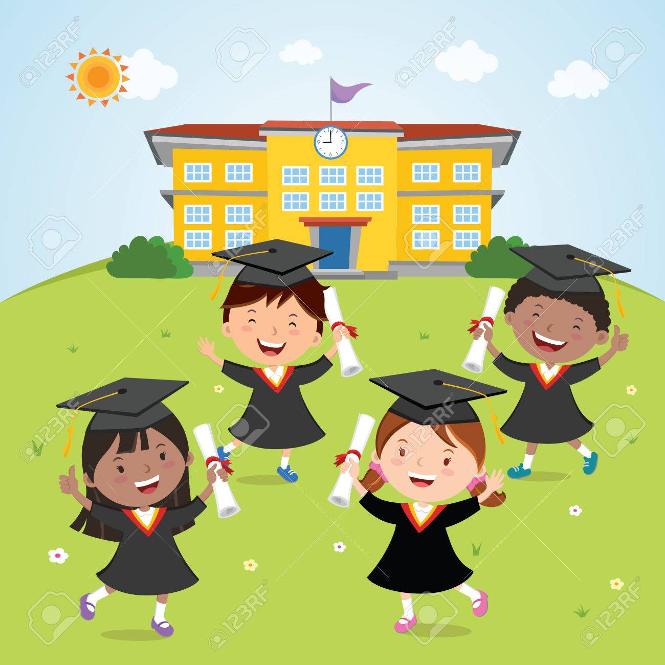 Happy Graduation Day Diversity School Kids Graduation In Front Royalty Free Cliparts Vectors And Stock Illustration Image 77515384