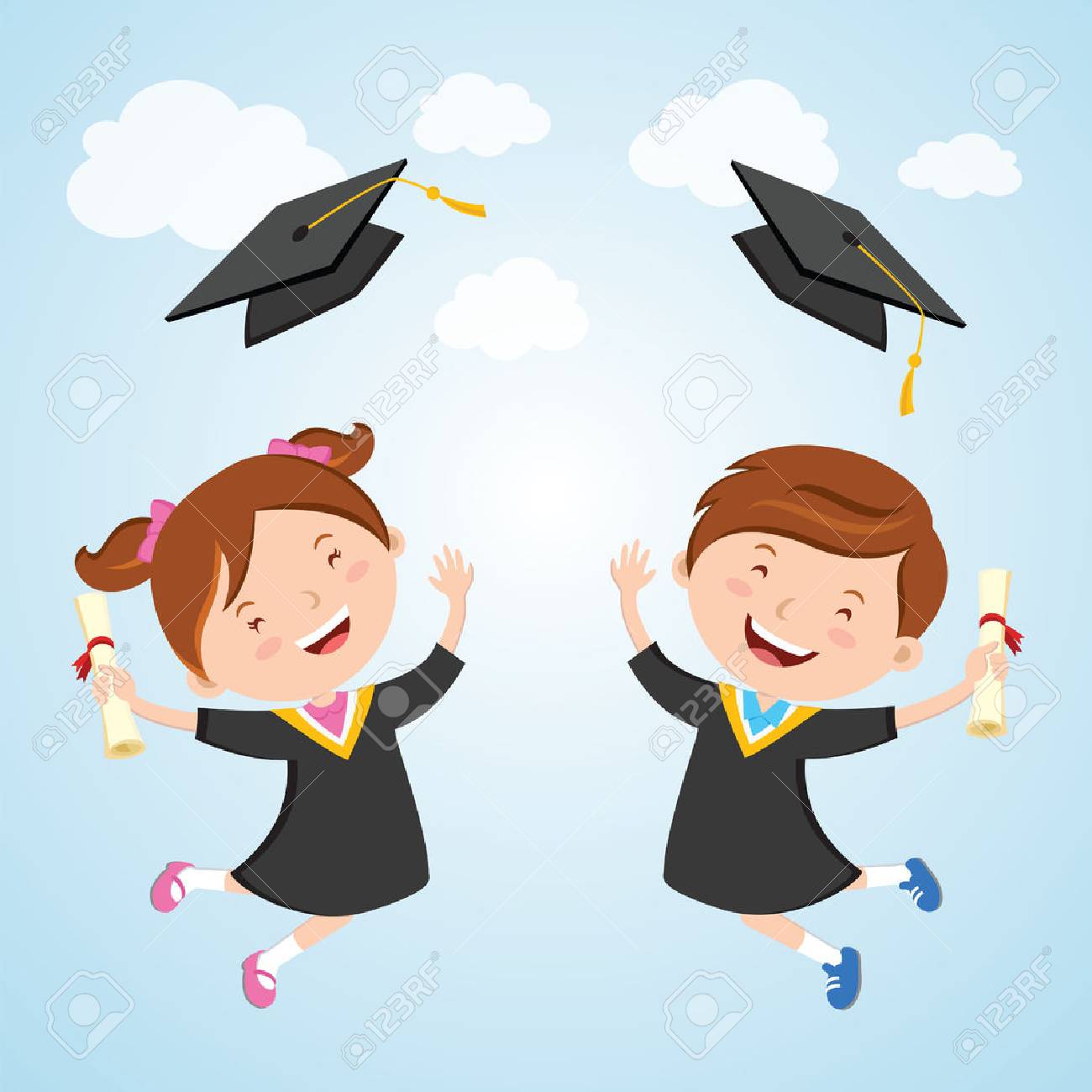 happy graduation day little children jumping for joy and tossing