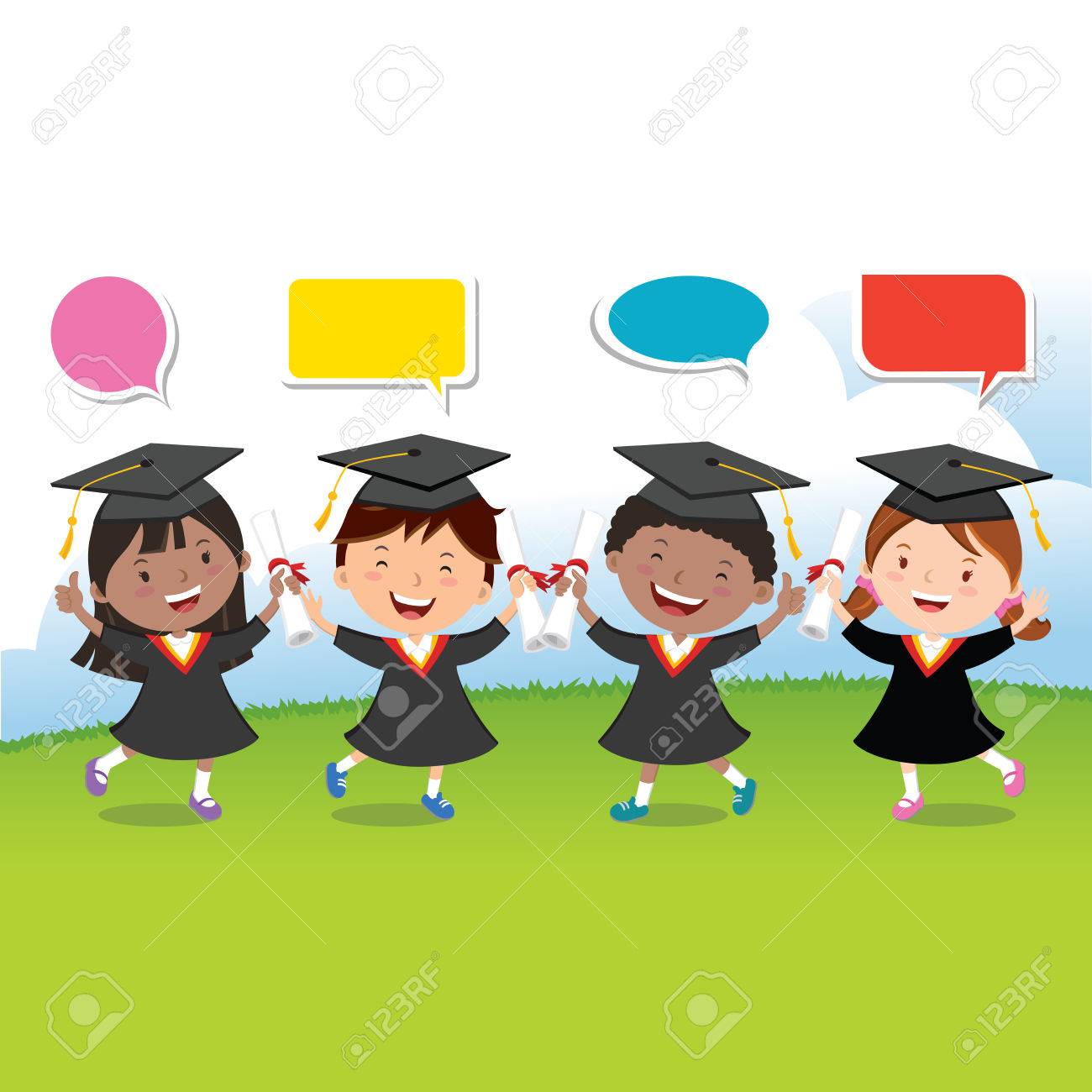 Happy Graduation Kids With Speech Bubbles Diverse Kids Celebrating Royalty Free Cliparts Vectors And Stock Illustration Image 77470494