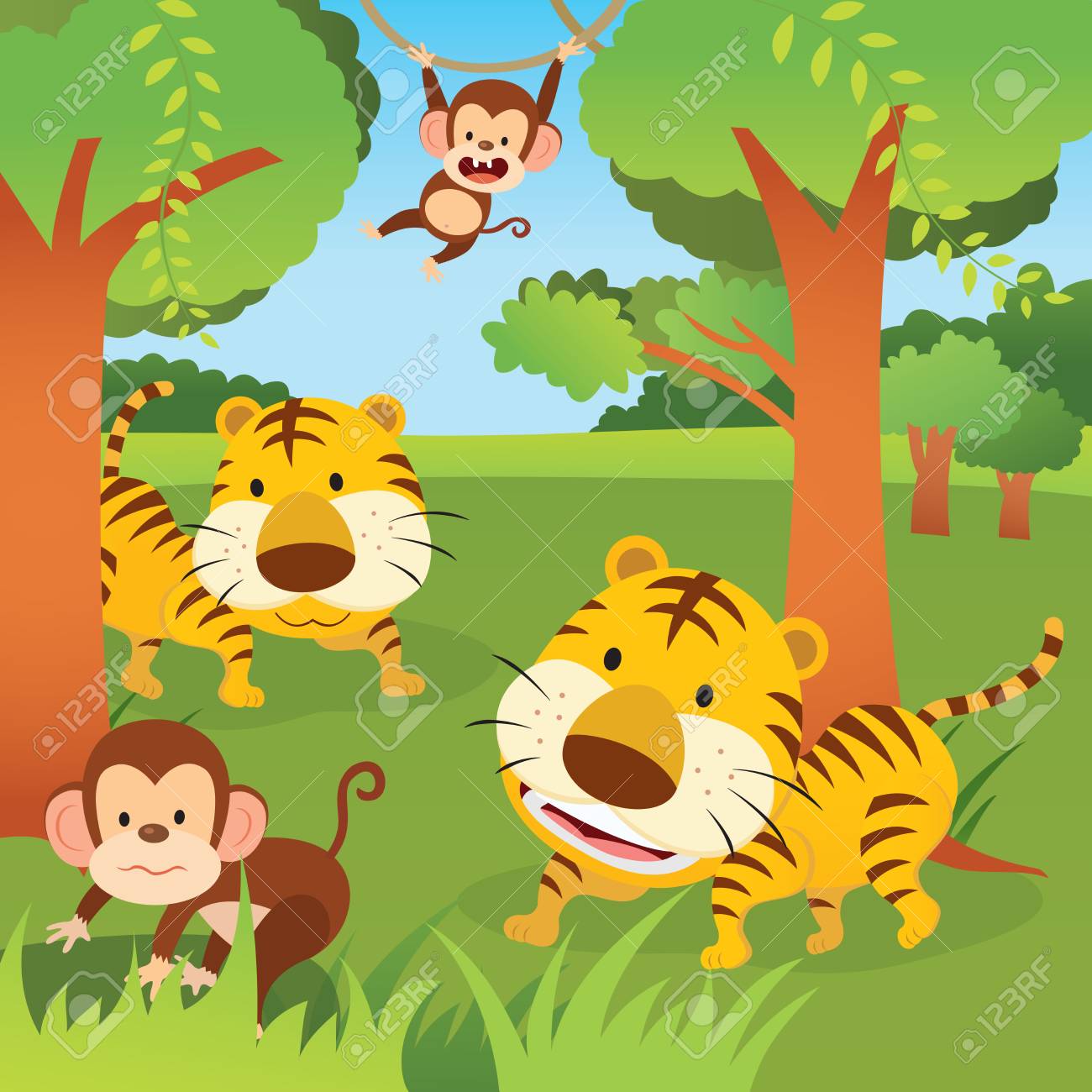 jungle animals vector illustration of two monkeys and tigers