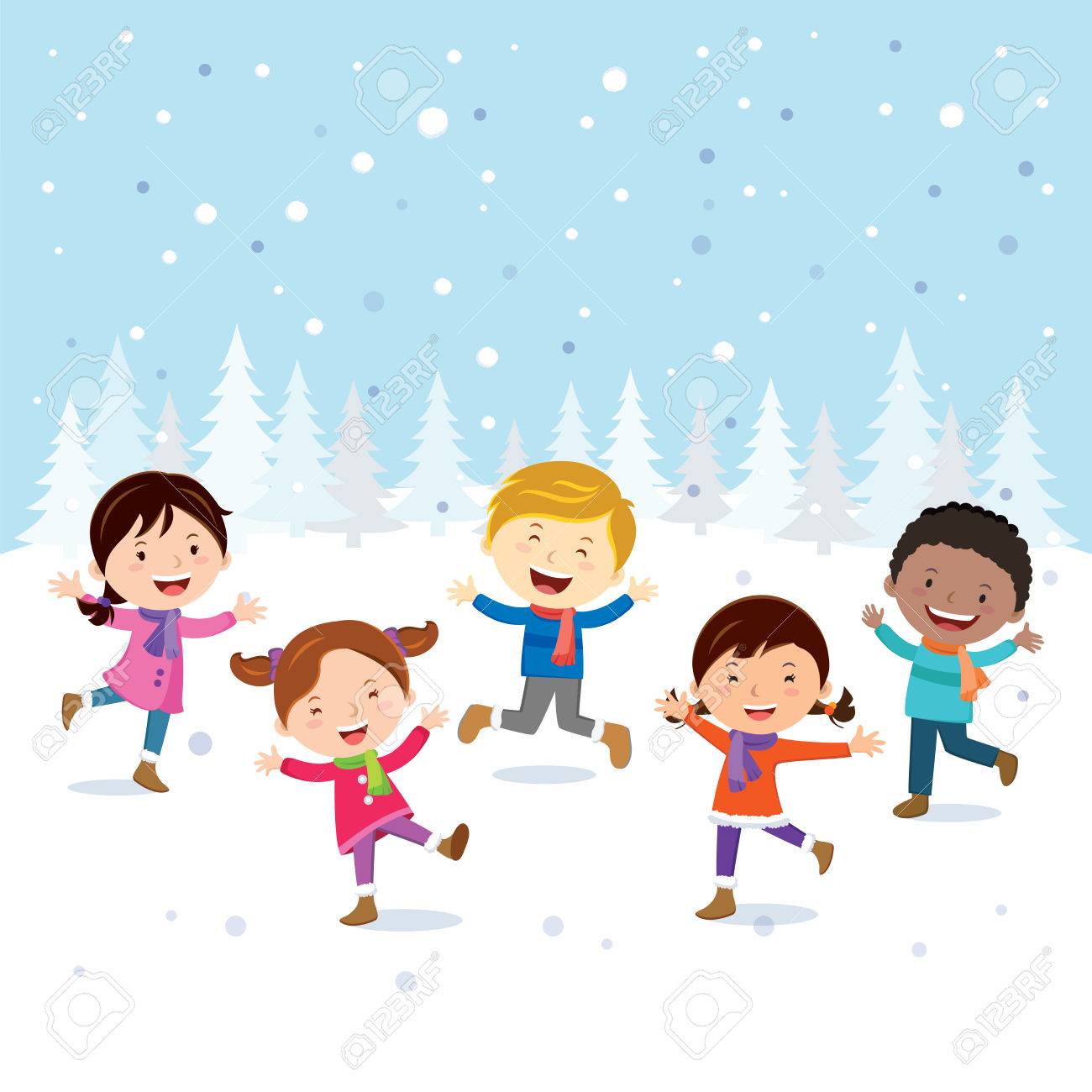 冬の楽しみ 陽気な雪の中で遊ぶ子供たち のイラスト素材 ベクタ Image