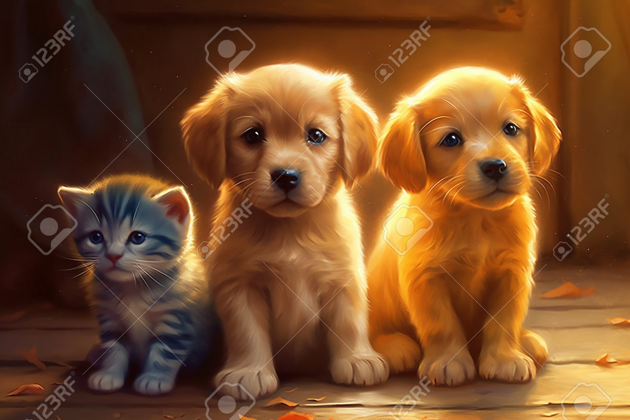 ゴールデンレトリバーと子猫の絵