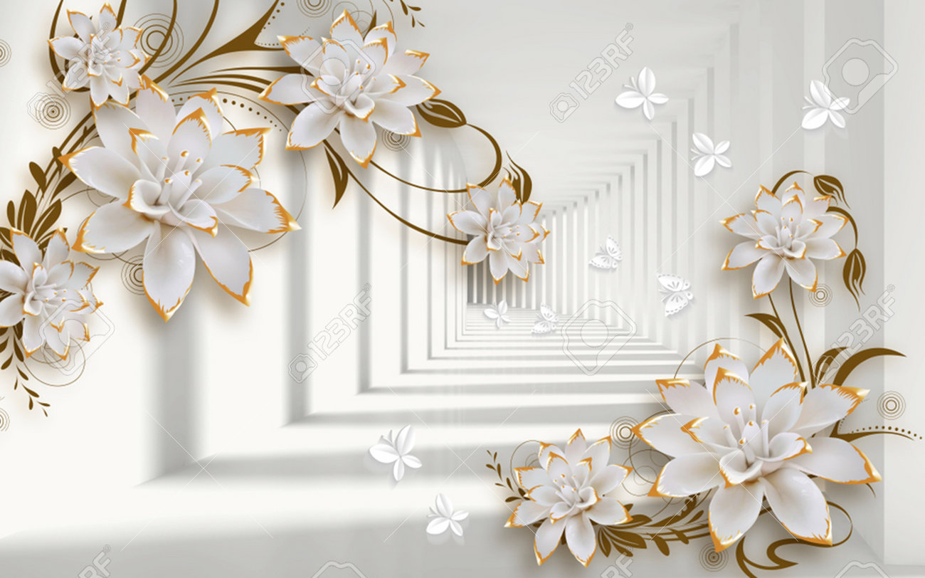 White Flowers With Floral Background For 3d Living Room Bedroom TV 3D  Wallpaper Home Decoration Mural Wallpaper For Walls Stock Photo, Picture  and Royalty Free Image. Image 191721448., image size:1300x812