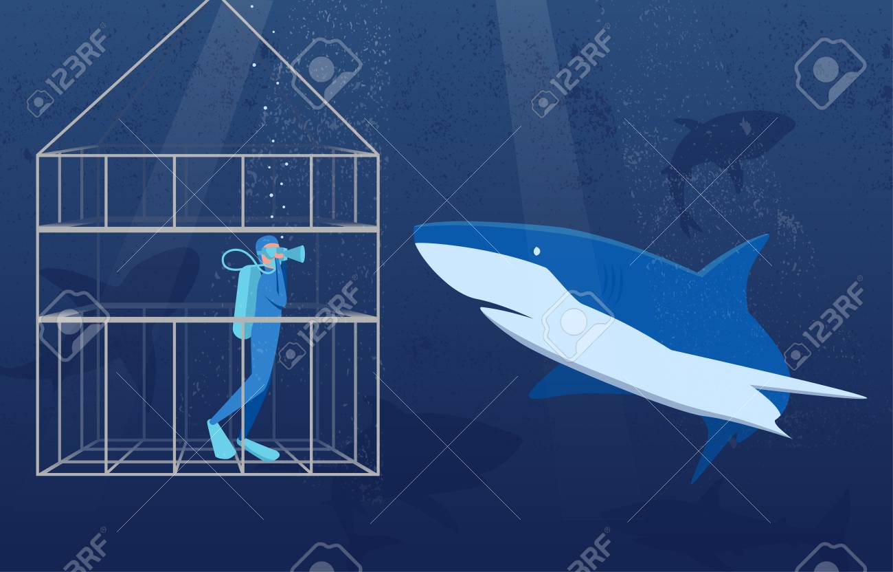 This colourful illustration shows a scuba diver in a special protective cage, he is watching the white shark in its natural habitat. - 125308452 This colourful illustration shows a scuba diver in a special protective cage, he is watching the white shark in its natural habitat. - 125308452