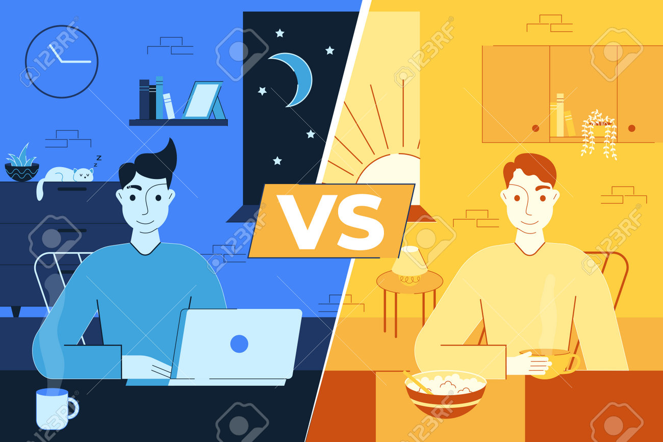 Vector illustration of Early Bird vs Night Owl - 161957788 Vector illustration of Early Bird vs Night Owl - 161957788