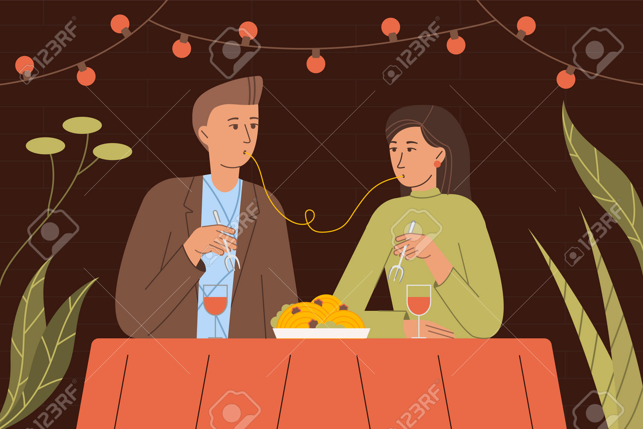 Vector illustration of people in love having dinner in a romantic setting - 163123660 Vector illustration of people in love having dinner in a romantic setting - 163123660