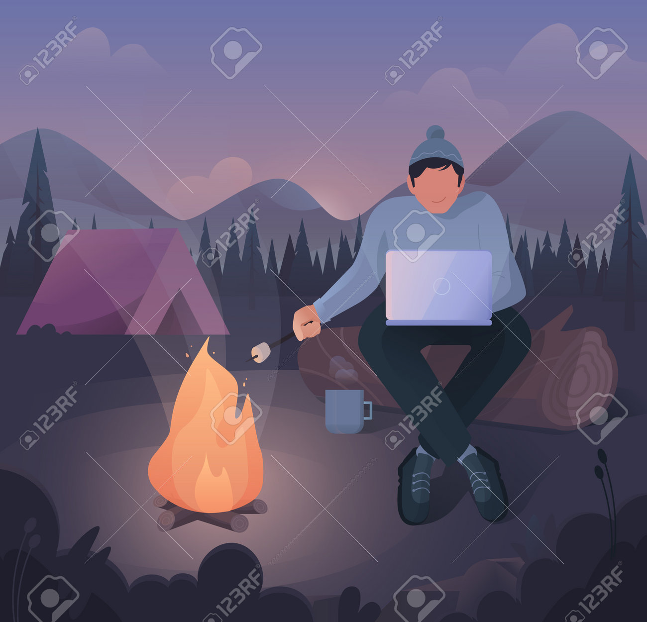 Freelancer work illustrations in flat vector, a young man who works and at the same time relaxes in nature by the fire - 165455054 Freelancer work illustrations in flat vector, a young man who works and at the same time relaxes in nature by the fire - 165455054