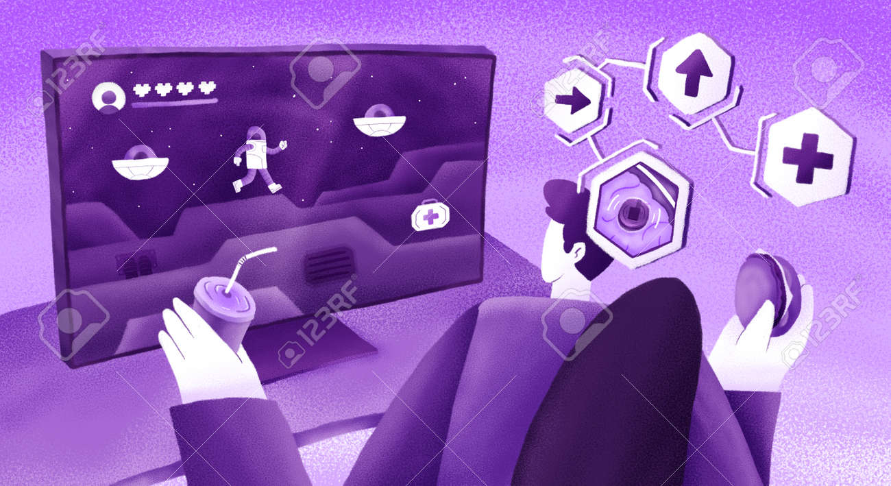 Colourful flat illustration of video games in the brain - 168742700 Colourful flat illustration of video games in the brain - 168742700