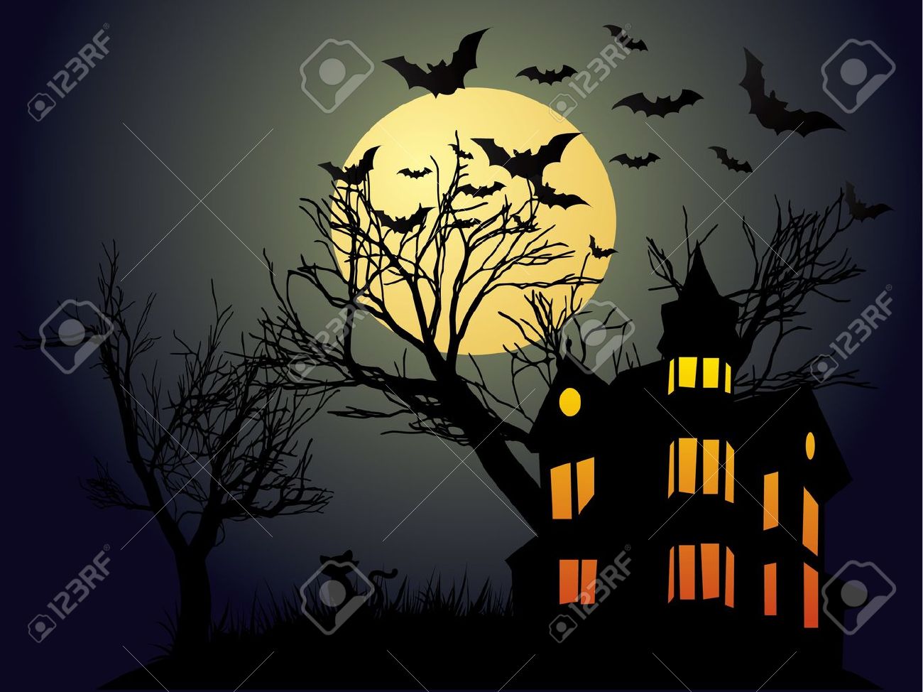 유령의 집, 박쥐와 호박 할로윈 배경 로열티 무료 사진, 그림, 이미지 그리고 스톡포토그래피. Image 14398154.