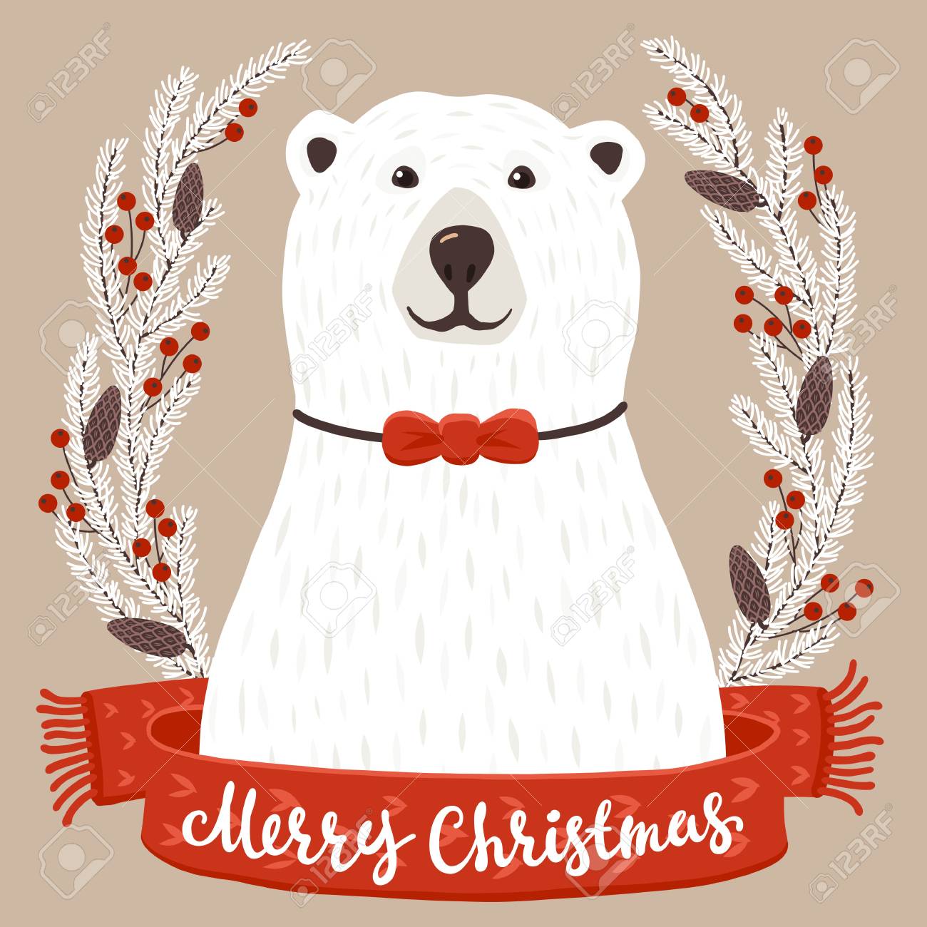 かわいい手の冬のグリーティング カードには 書道のフレーズとシロクマが描かれています 漫画のキャラクターを笑顔でクリスマスの背景 のイラスト素材 ベクタ Image