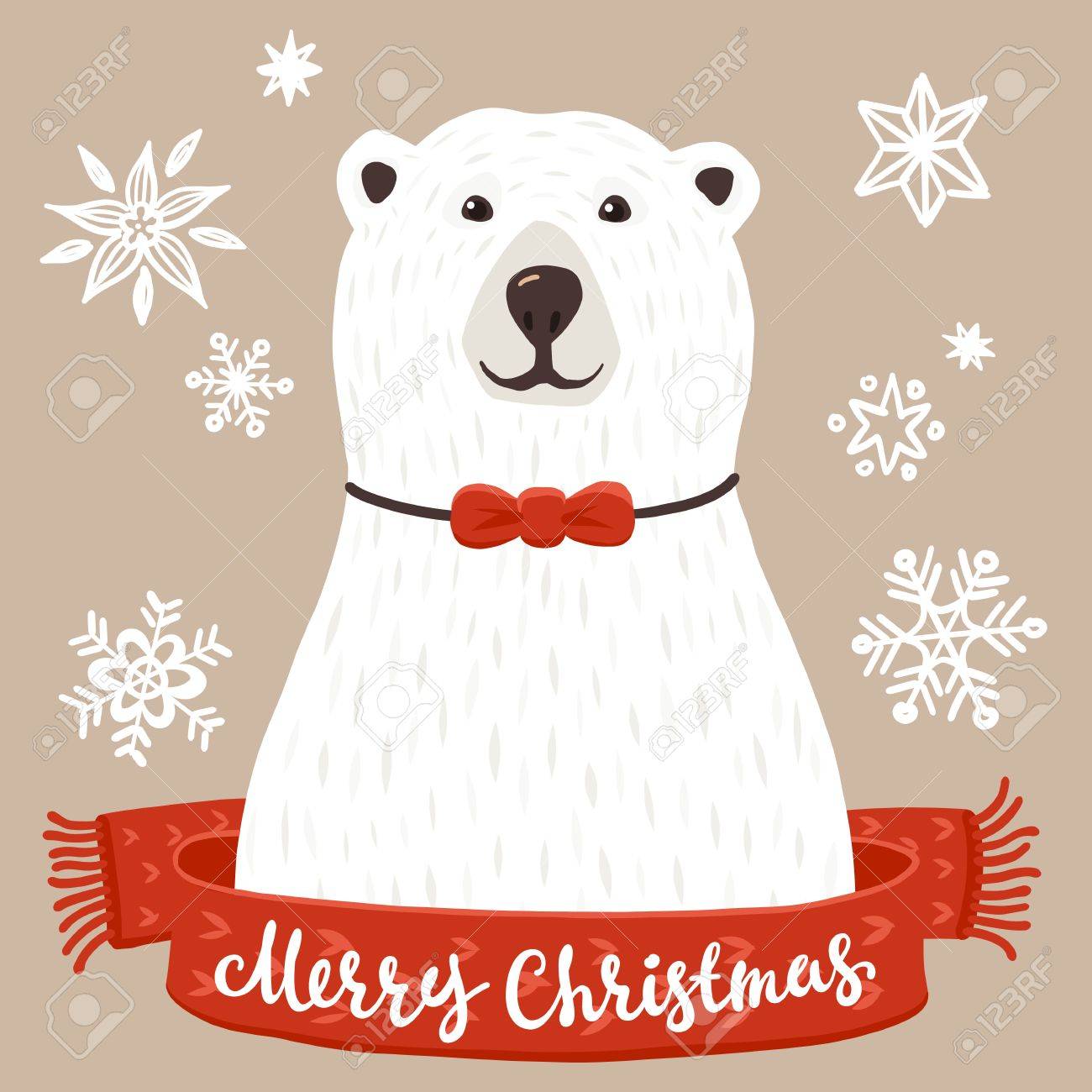 かわいい手の冬のグリーティング カードには 書道のフレーズとシロクマが描かれています 漫画のキャラクターを笑顔でクリスマスの背景 のイラスト素材 ベクタ Image
