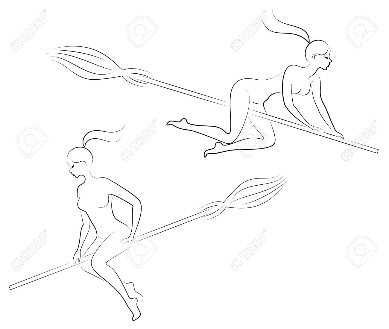 Colección. Fantástico Personaje De Cuento De Hadas, La Niña Bruja. Una Mujer  Vuela En Su Escoba Para Halloween. La Dama Está Desnuda Y Hermosa. Conjunto  De Ilustración Vectorial. Ilustraciones svg, vectoriales, clip