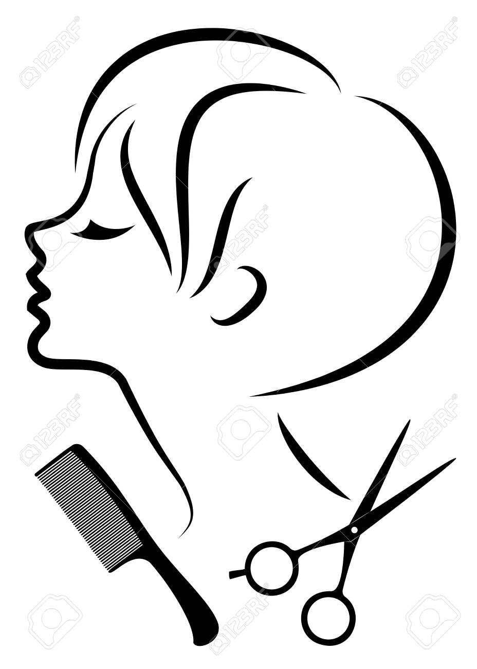 Silhouette of a cute lady. The girl shows a hairstyle on medium and long hair and scissors. - 147391676 Silhouette of a cute lady. The girl shows a hairstyle on medium and long hair and scissors. - 147391676