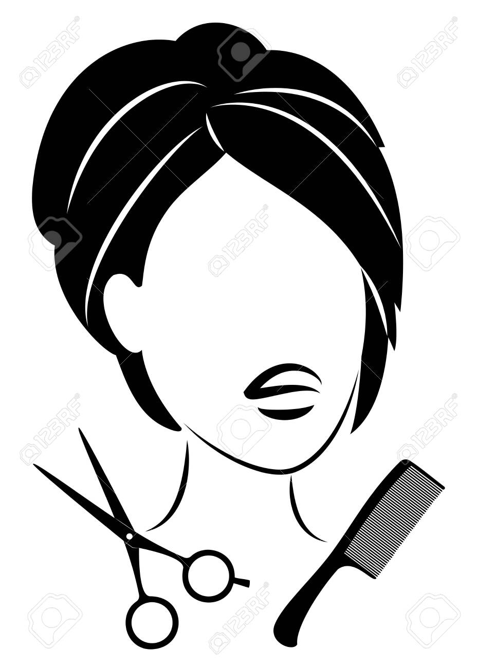 Silhouette of a cute lady. The girl shows a hairstyle on medium and long hair and scissors. - 147823768 Silhouette of a cute lady. The girl shows a hairstyle on medium and long hair and scissors. - 147823768