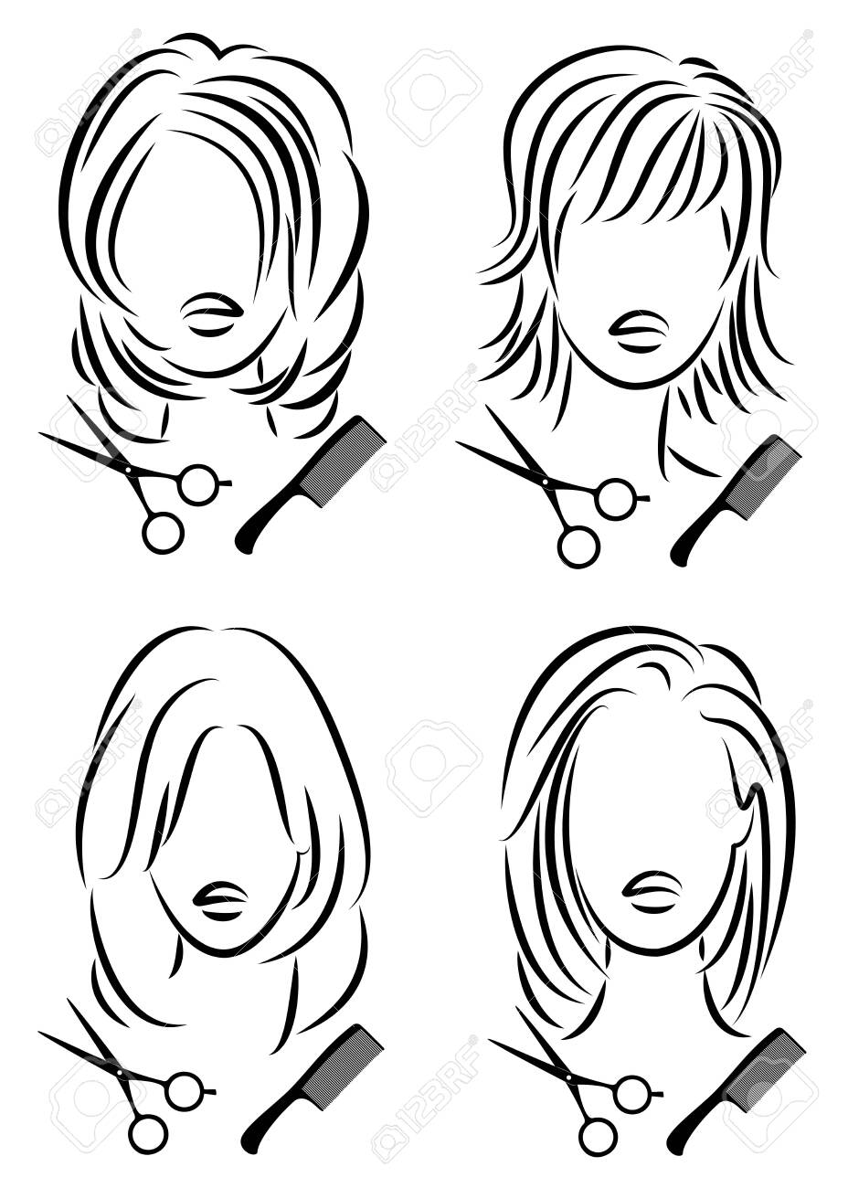 Collection. Silhouette of a cute lady. The girl shows a hairstyle on medium and long hair and scissors. - 148502197 Collection. Silhouette of a cute lady. The girl shows a hairstyle on medium and long hair and scissors. - 148502197