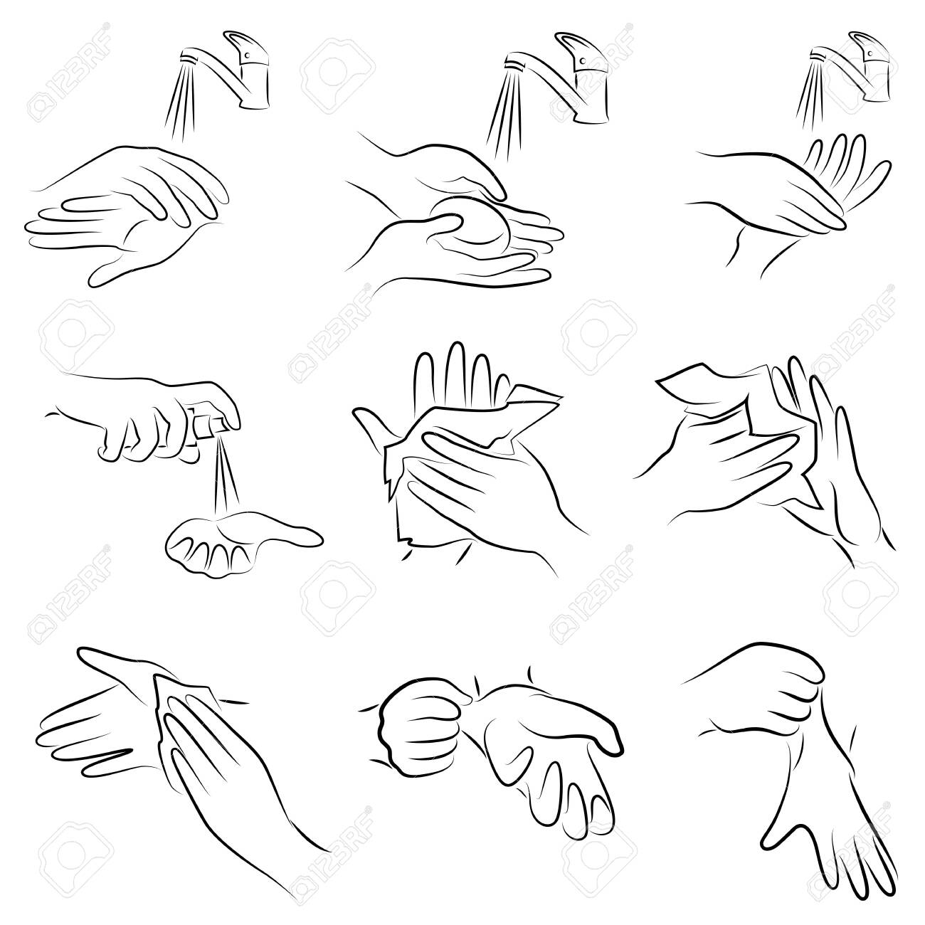 Collection of hygiene procedures. Wash your hands with soap under the tap, wipe with a napkin, treat with an antiseptic, wear rubber gloves. Vector illustration of a set - 148502209 Collection of hygiene procedures. Wash your hands with soap under the tap, wipe with a napkin, treat with an antiseptic, wear rubber gloves. Vector illustration of a set - 148502209