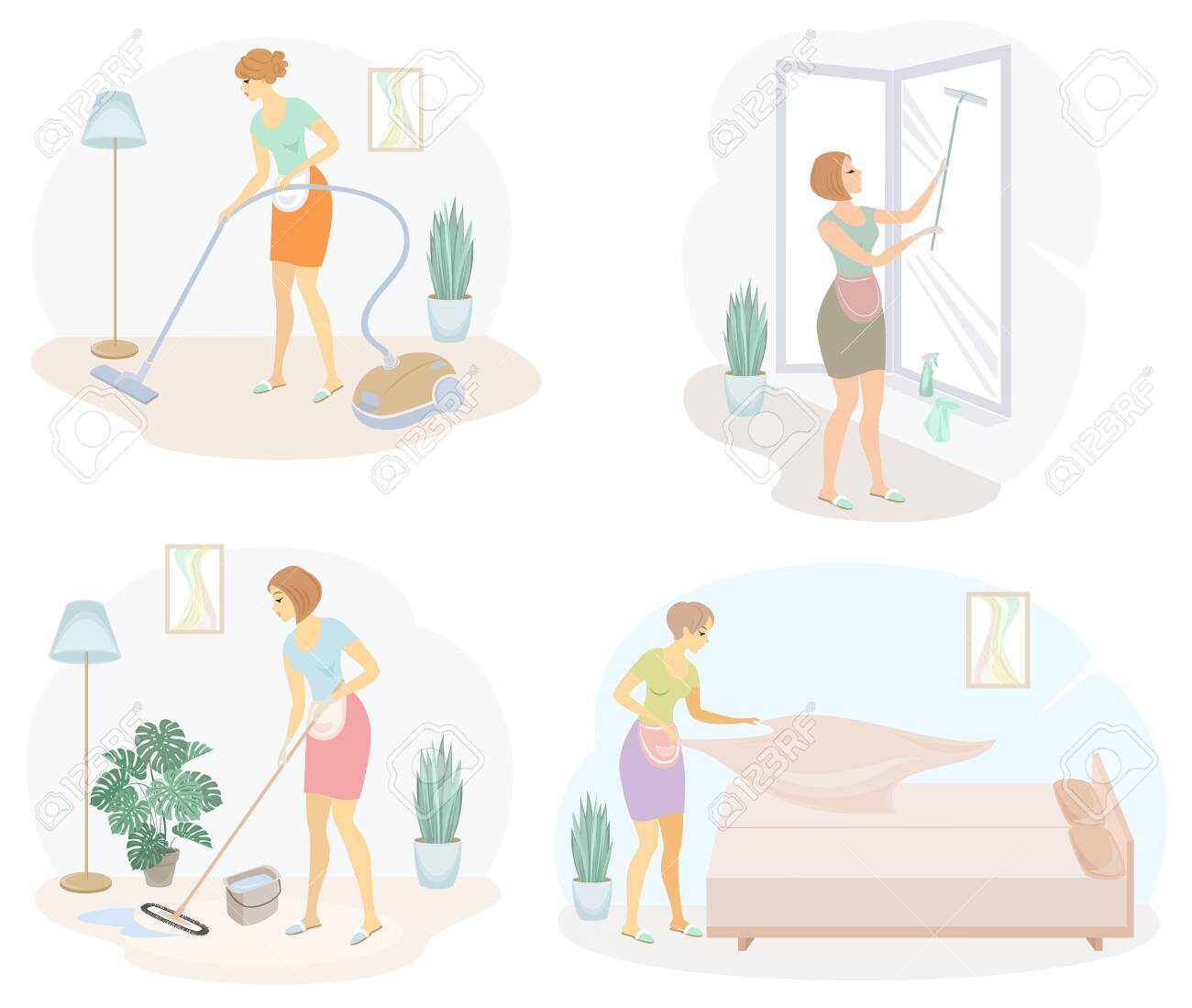 Collection. Profile of a cute lady. The girl cleans, mopping the floor, windows, vacuuming the room, making the bed. The woman is a good wife and a tidy housewife. Vector illustration. - 147986741 Collection. Profile of a cute lady. The girl cleans, mopping the floor, windows, vacuuming the room, making the bed. The woman is a good wife and a tidy housewife. Vector illustration. - 147986741