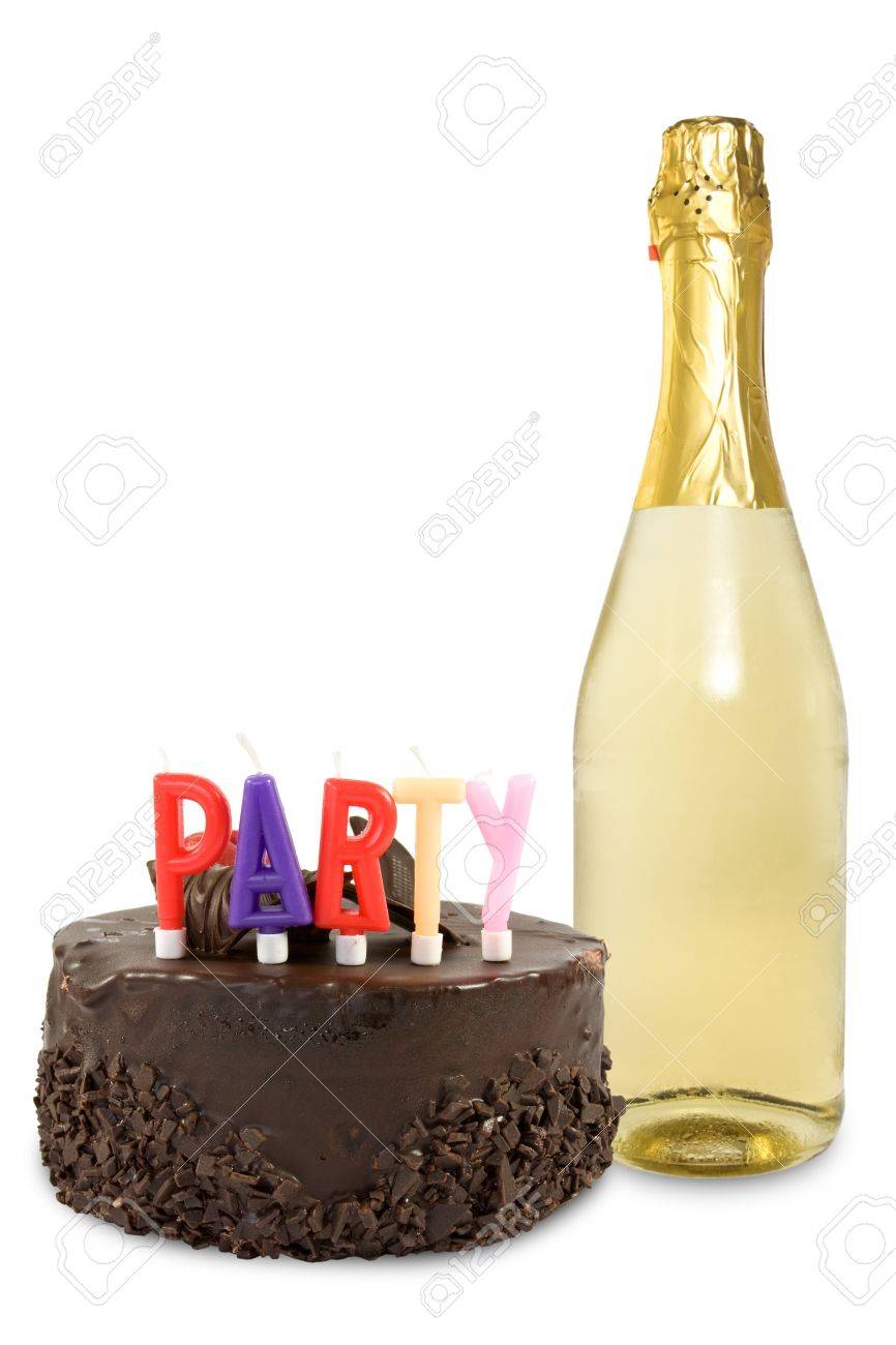 Birthday Cake And Champagne Bottle Over A White Background Stock