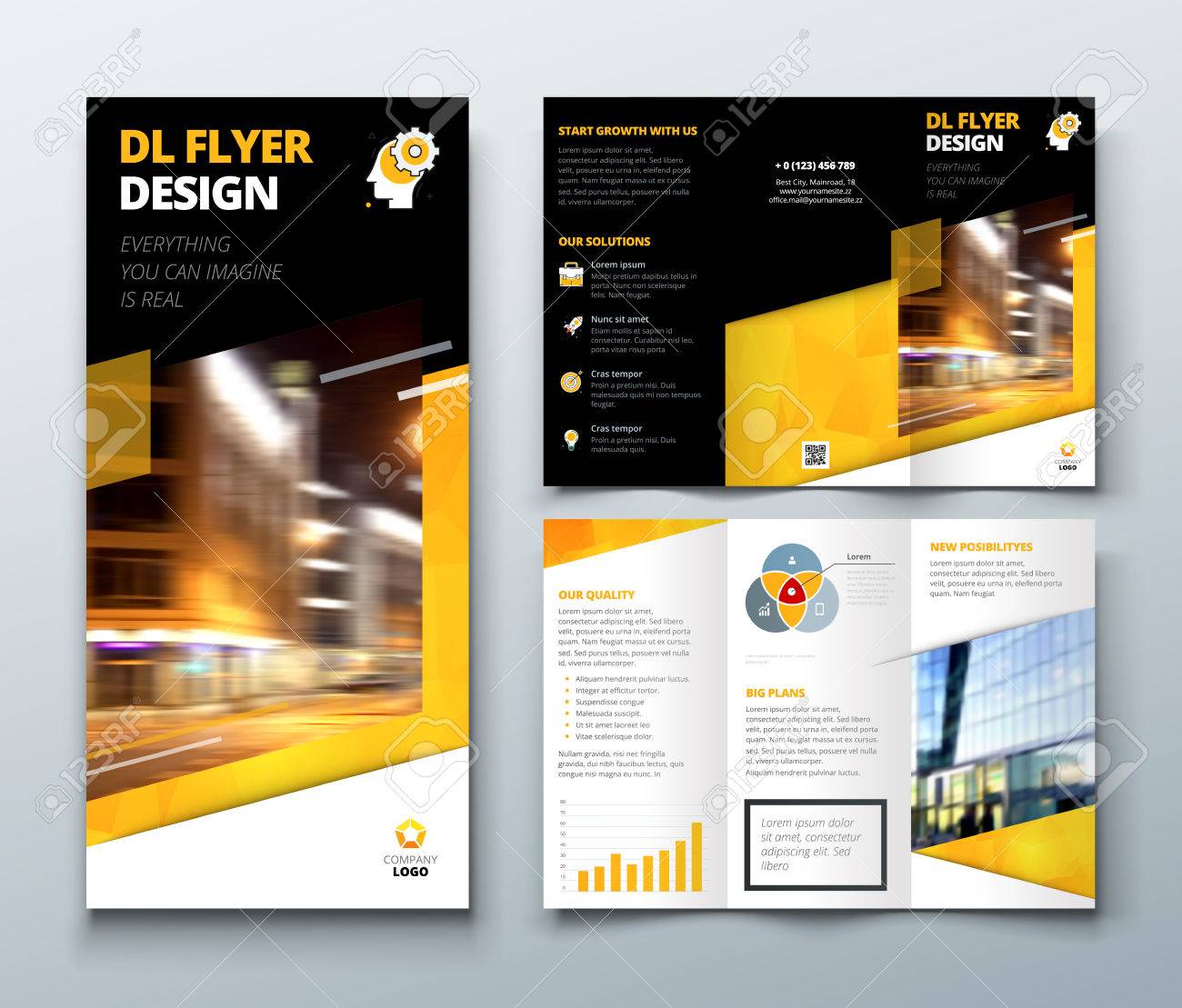 tri fold brochure design black yellow dl corporate business