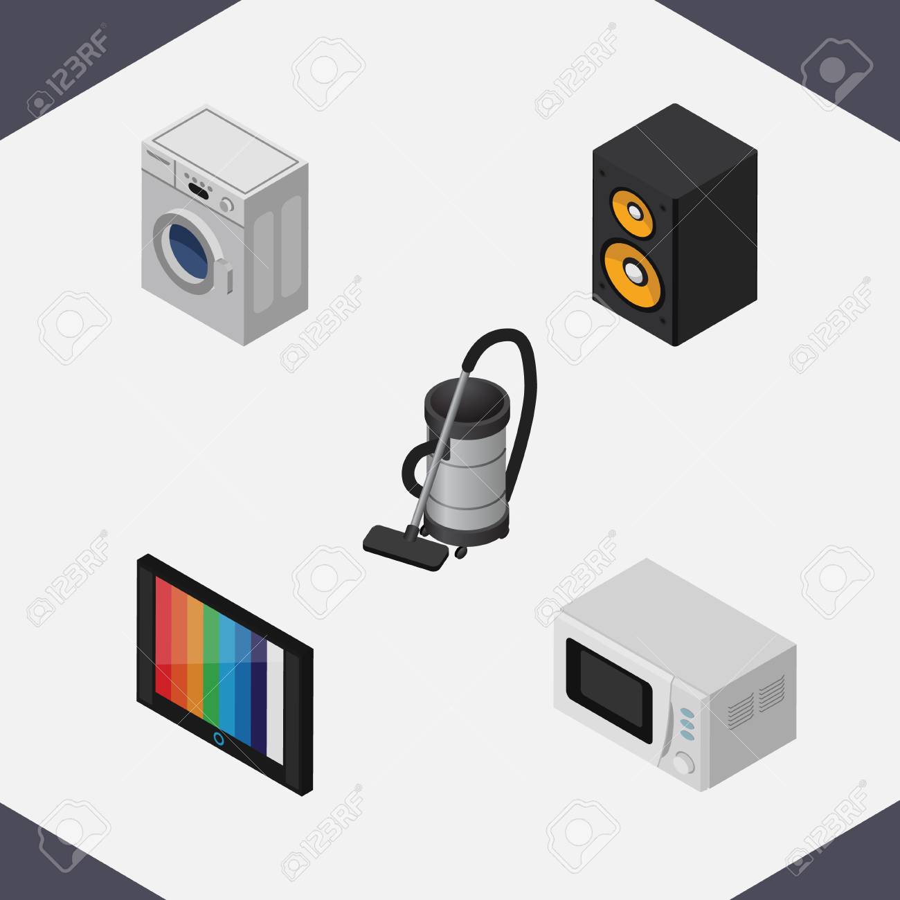 isometric appliance set of vac music box television and other