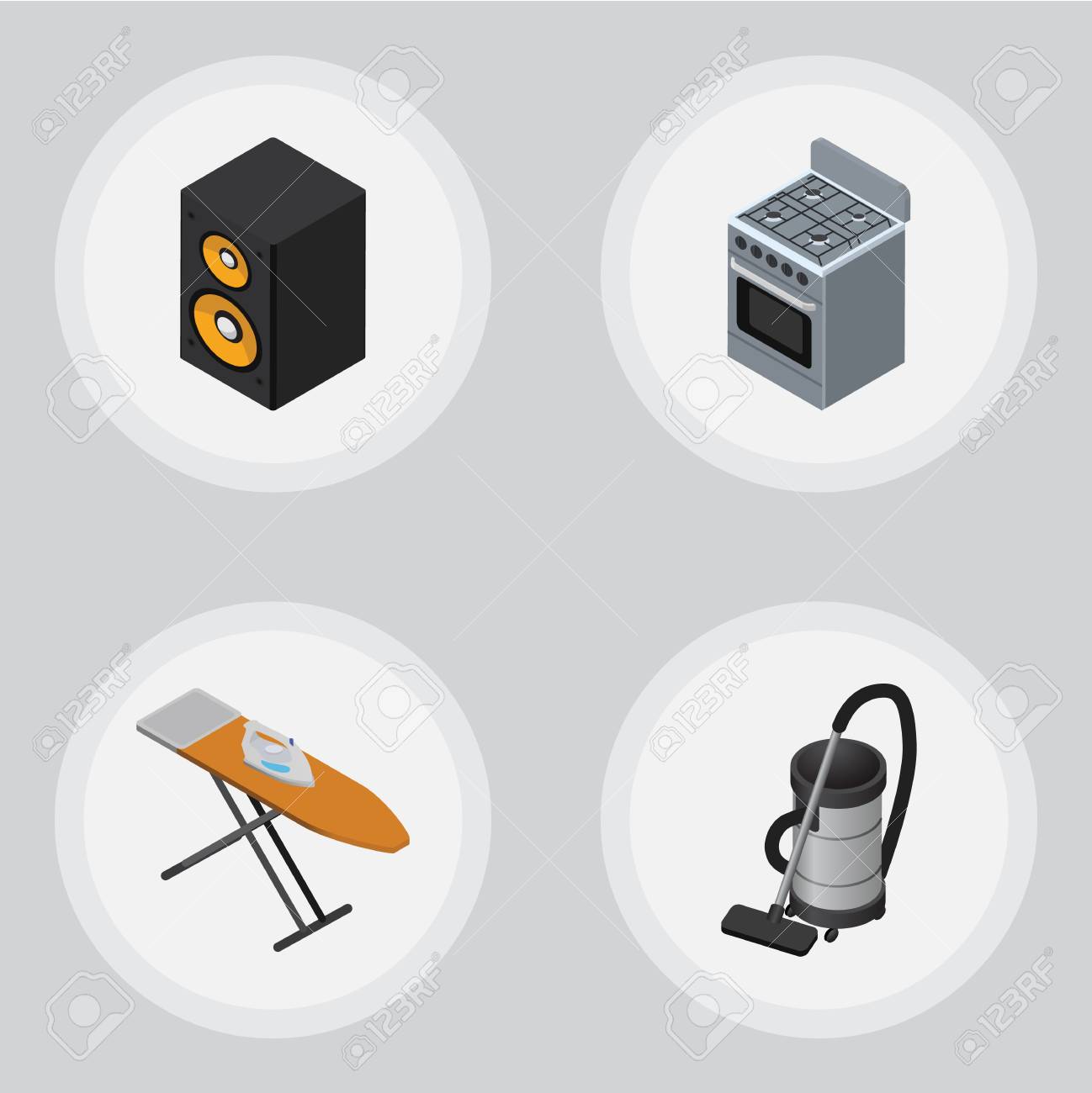 isometric technology set of cloth iron music box vac and other