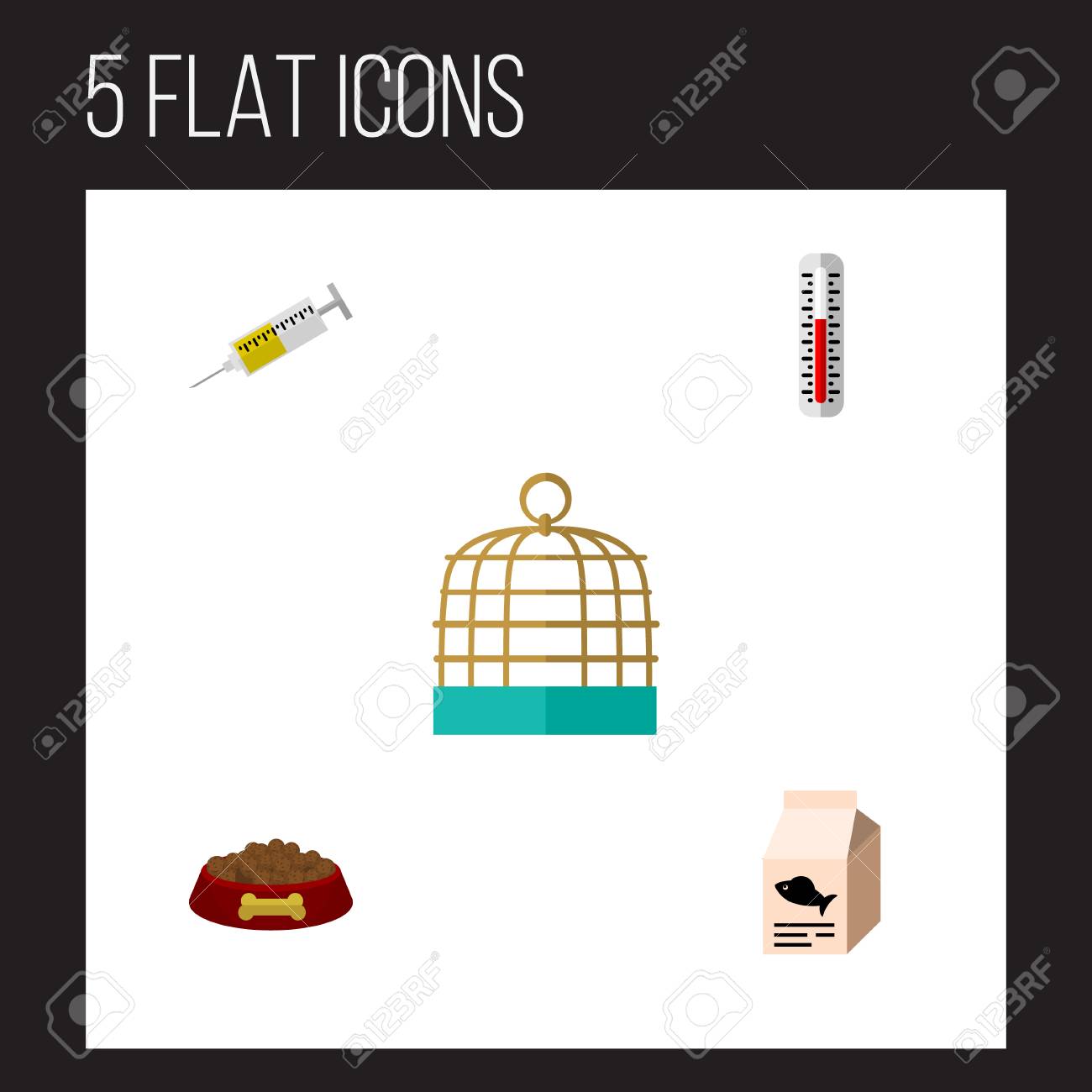 Jeu Dicônes Plat Animaux De Mesure De La Température Des éléments Nutritifs De Poisson Des Oiseaux Prison Et Dautres Objets Vectoriels Inclut