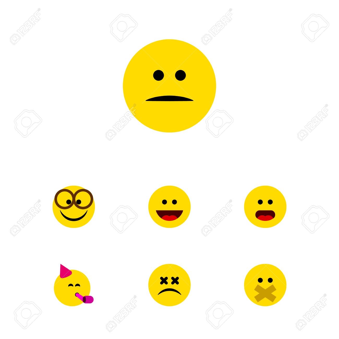 パーティー タイムの絵文字 不機嫌 静けさの中 他のベクトル オブジェクトのフラット アイコン顔セット 快適な含まれています 笑顔 要素の気にさわる のイラスト素材 ベクタ Image 9790