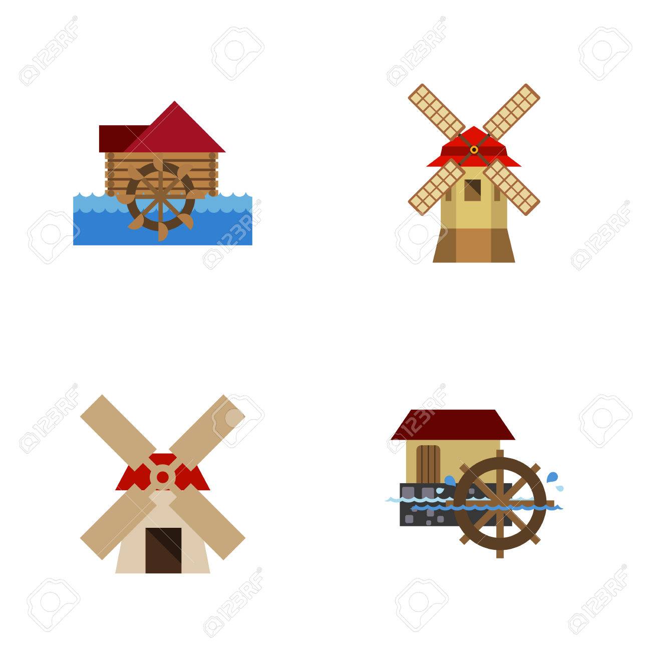 Ensemble Dénergie Icône Plate Du Moulin à Eau Turbine Roue Et Autres Objets Vectoriels