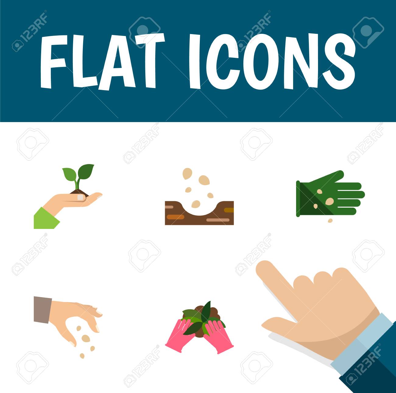フラット アイコン種子は グローブ 植物 種子 他のベクトル オブジェクトのセット 手 植物 種をまく要素も含まれています のイラスト素材 ベクタ Image