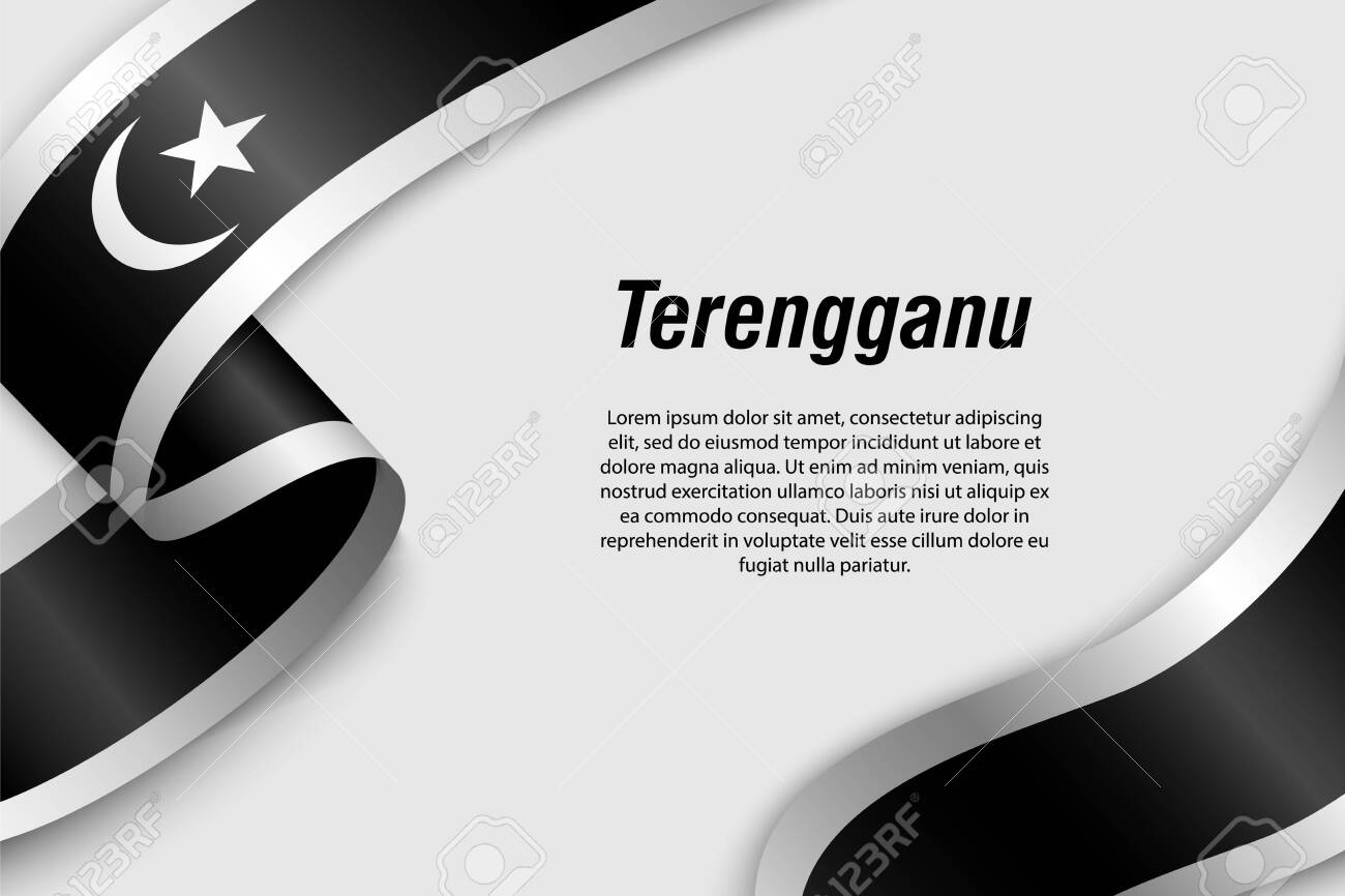 Waving Ribbon Or Banner With Flag Of Terengganu. State Of Malaysia 