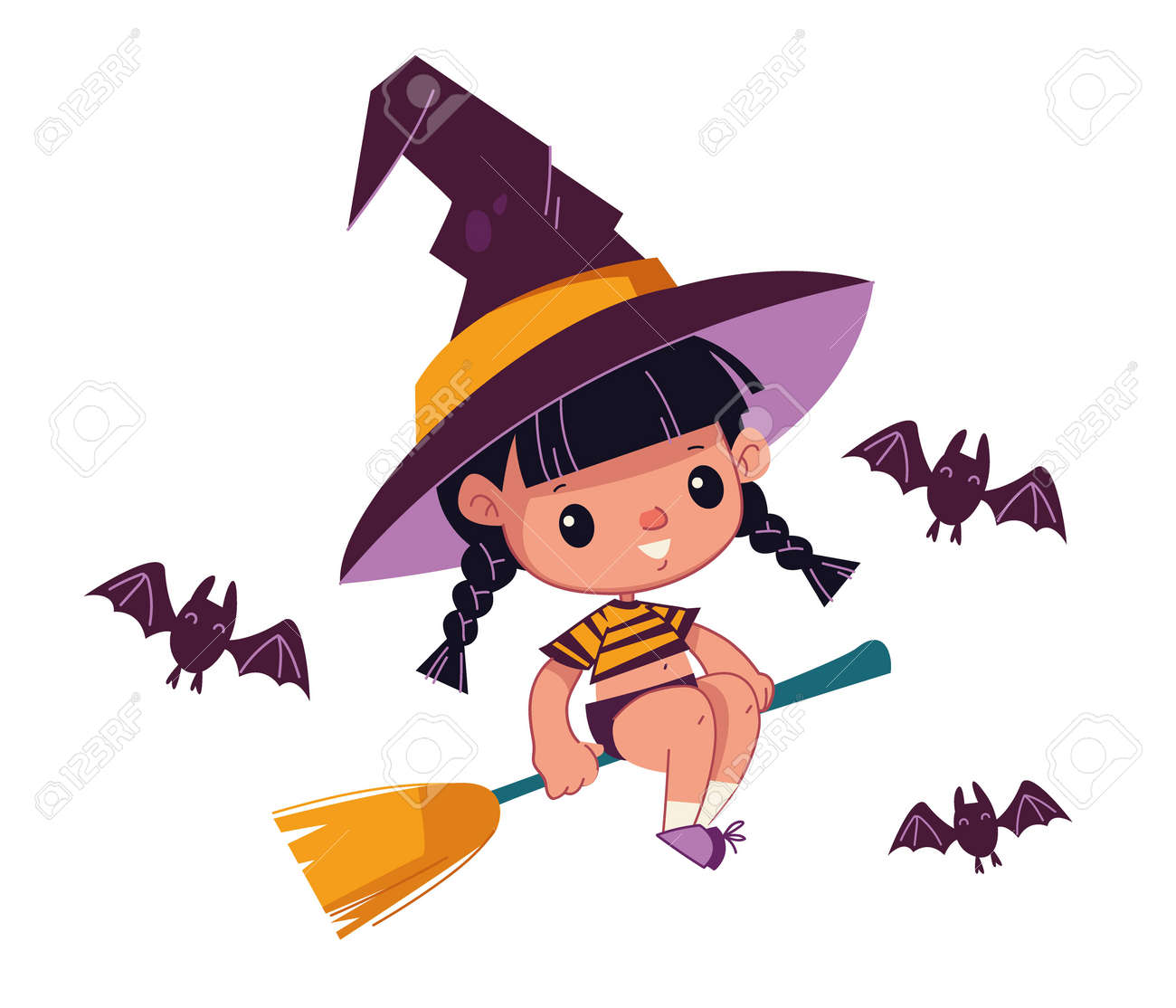 A Cute Little Witch Girl Sits On A Broomstick In A Cap. The Bats. Cartoon  Monster Character. Children S Halloween Parties. Vector Illustration In  Cartoon Style For Baby. Isolated Funny Clipart On, image size:1300x1114