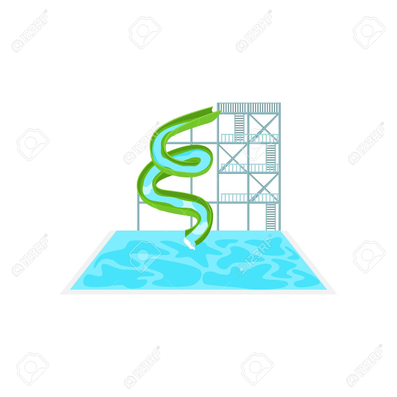 Hoge Groene Spiraal Plastic Water Glijbaan In Aqua Park Geïsoleerd Op Witte  Achtergrond. Pijp Attractie Die Naar Het Zwembad. Familie Recreatie En  Vrije Tijd, Actieve Zomertijd Concept Royalty vrije SVG, Cliparts, Vectoren,