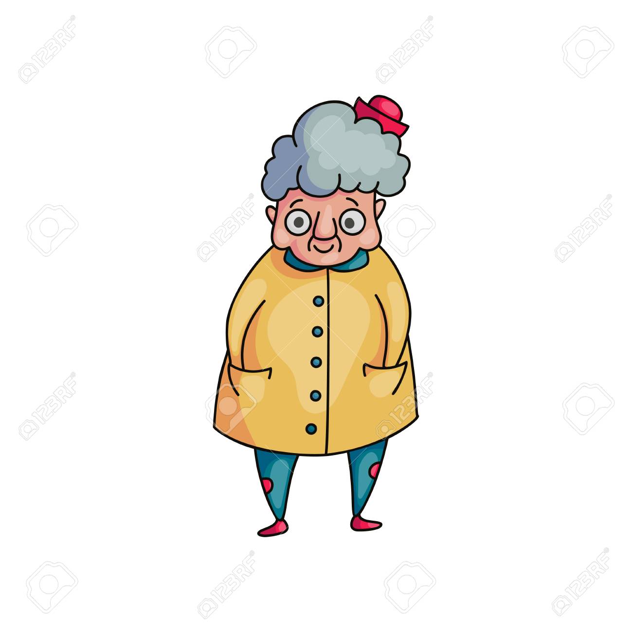 Cute Funny Grandmother With Grey Hair And Yellow Coat Lovely