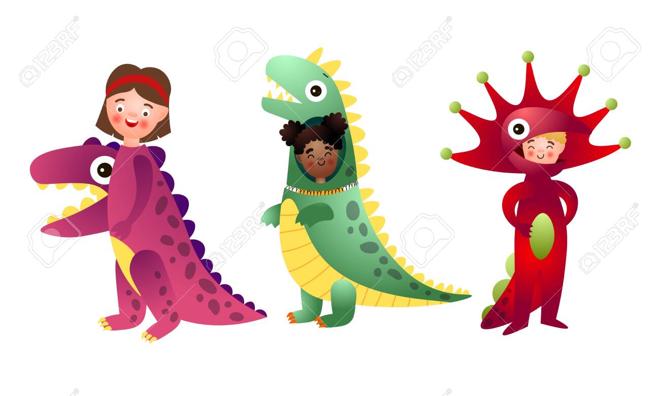 Collection set of funny happy smiling boys and girls in colorful dinosaur costumes. Isolated icons set illustration on a white background in cartoon style. - 138859953 Collection set of funny happy smiling boys and girls in colorful dinosaur costumes. Isolated icons set illustration on a white background in cartoon style. - 138859953
