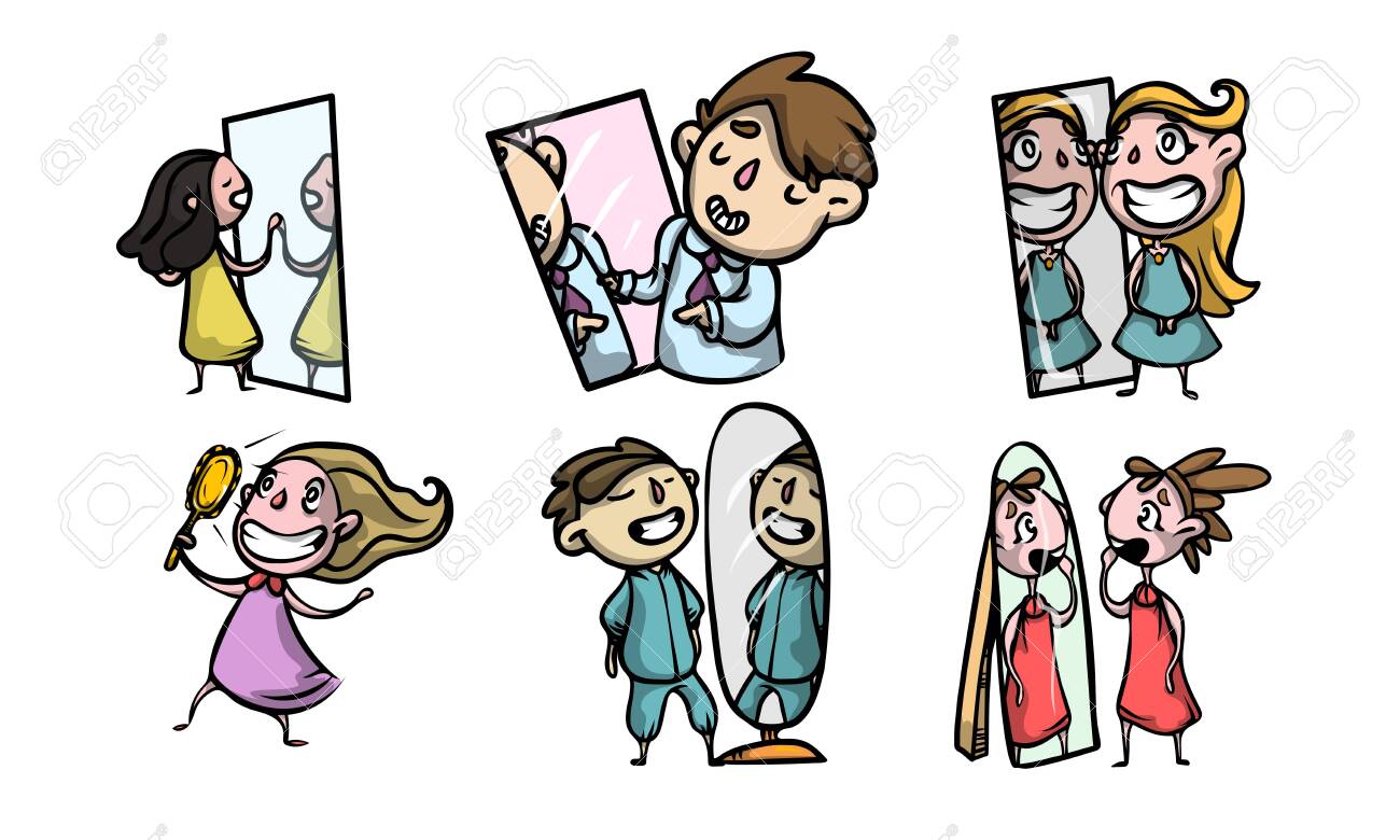 Set Of Isolated Hand Drawn Positive Kids Boys And Girls Looking At Mirrors  At Their Reflections Over White Background Vector Illustration. Beauty And  Happy Lifestyle Concept Royalty Free SVG, Cliparts, Vectors, and, image size:1300x780