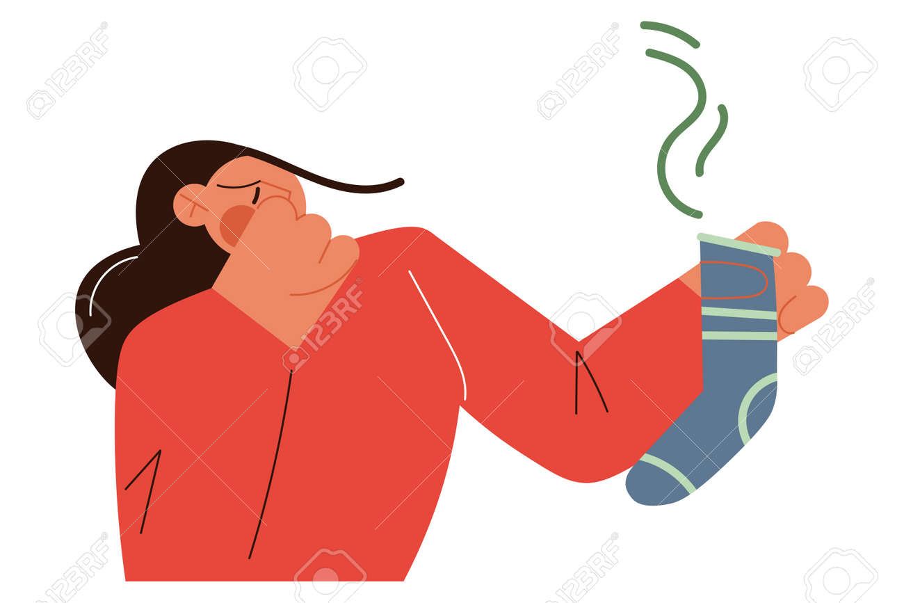 Woman covering nose not to feel unpleasant smell going from dirty sock - 154385370 Woman covering nose not to feel unpleasant smell going from dirty sock - 154385370