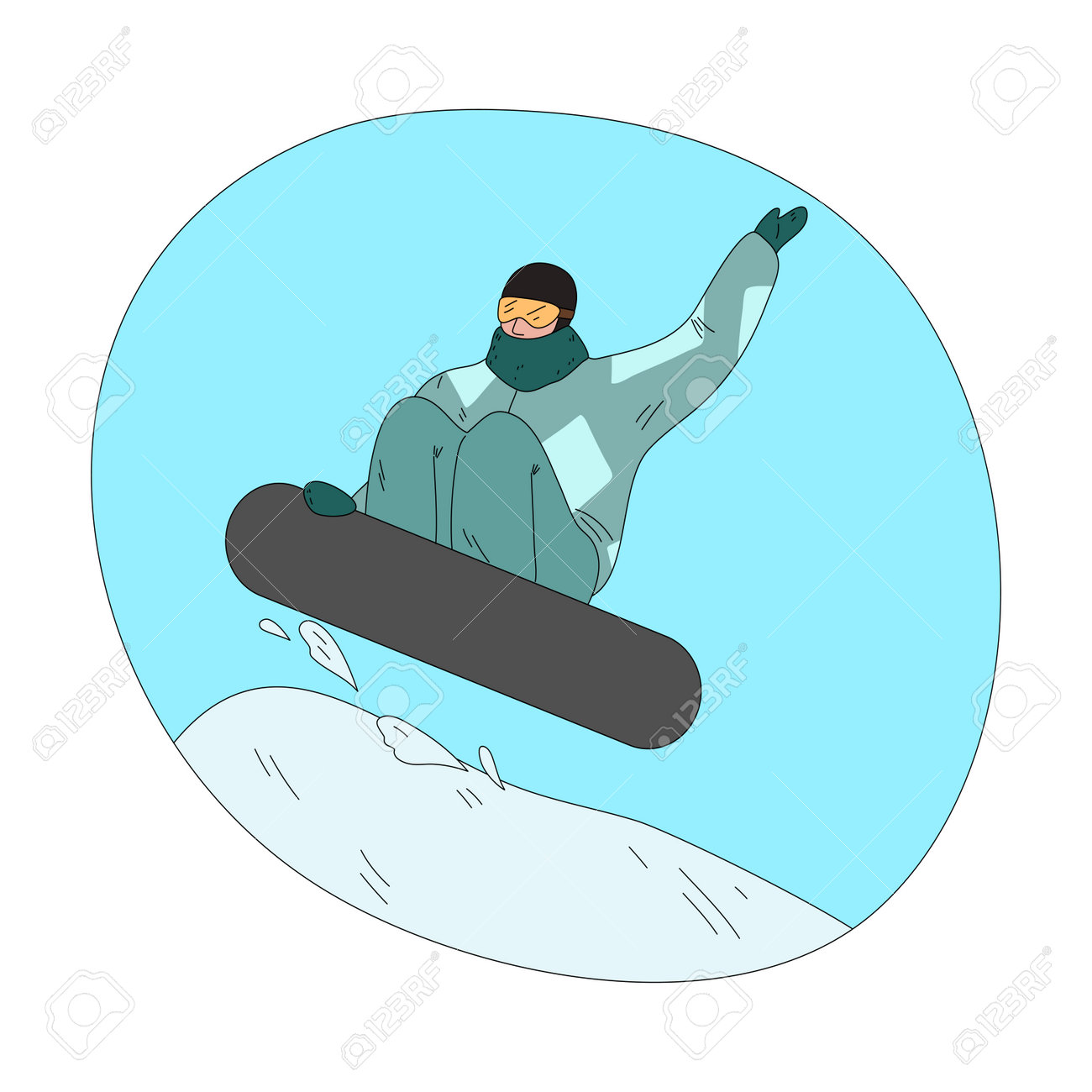 Man in dark green winter sportswear and mask jumping and practicing snowboarding - 162069963 Man in dark green winter sportswear and mask jumping and practicing snowboarding - 162069963