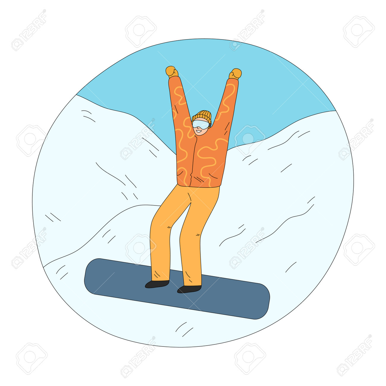 Man in orange winter sportswear feeling cheerful downhill during snowboarding - 162070067 Man in orange winter sportswear feeling cheerful downhill during snowboarding - 162070067