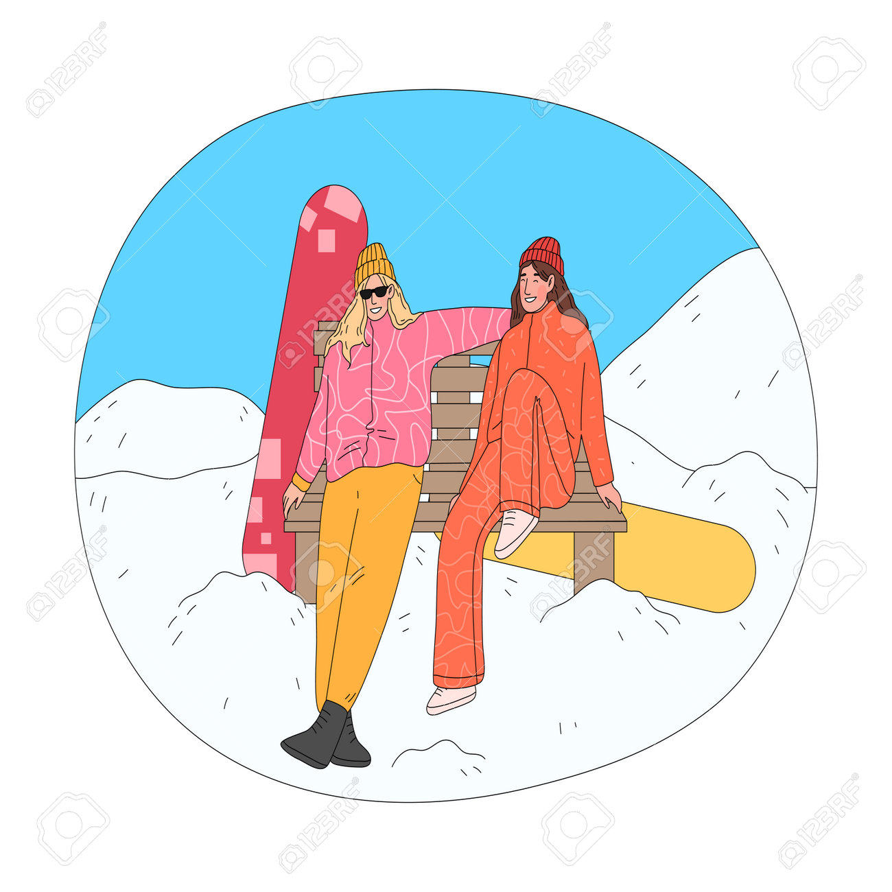 Girls sitting on bench and enjoying landscape taking rest after practicing snowboarding - 162070065 Girls sitting on bench and enjoying landscape taking rest after practicing snowboarding - 162070065