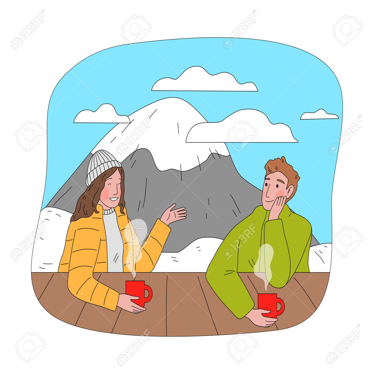 Happy couple sitting drinking hot tea and chatting after practicing snowboarding - 162070074 Happy couple sitting drinking hot tea and chatting after practicing snowboarding - 162070074