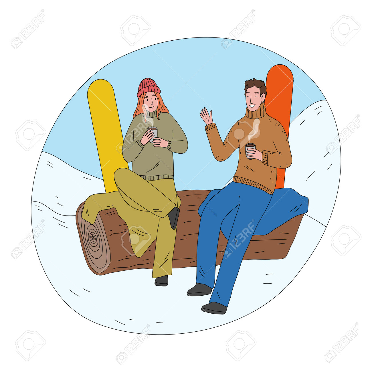 Happy couple sitting and drinking hot tea after successful practicing snowboarding - 162070081 Happy couple sitting and drinking hot tea after successful practicing snowboarding - 162070081