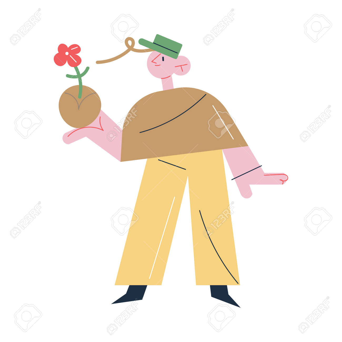 Man gardener standing and holding flower in soil in hand during gardening - 164873980 Man gardener standing and holding flower in soil in hand during gardening - 164873980
