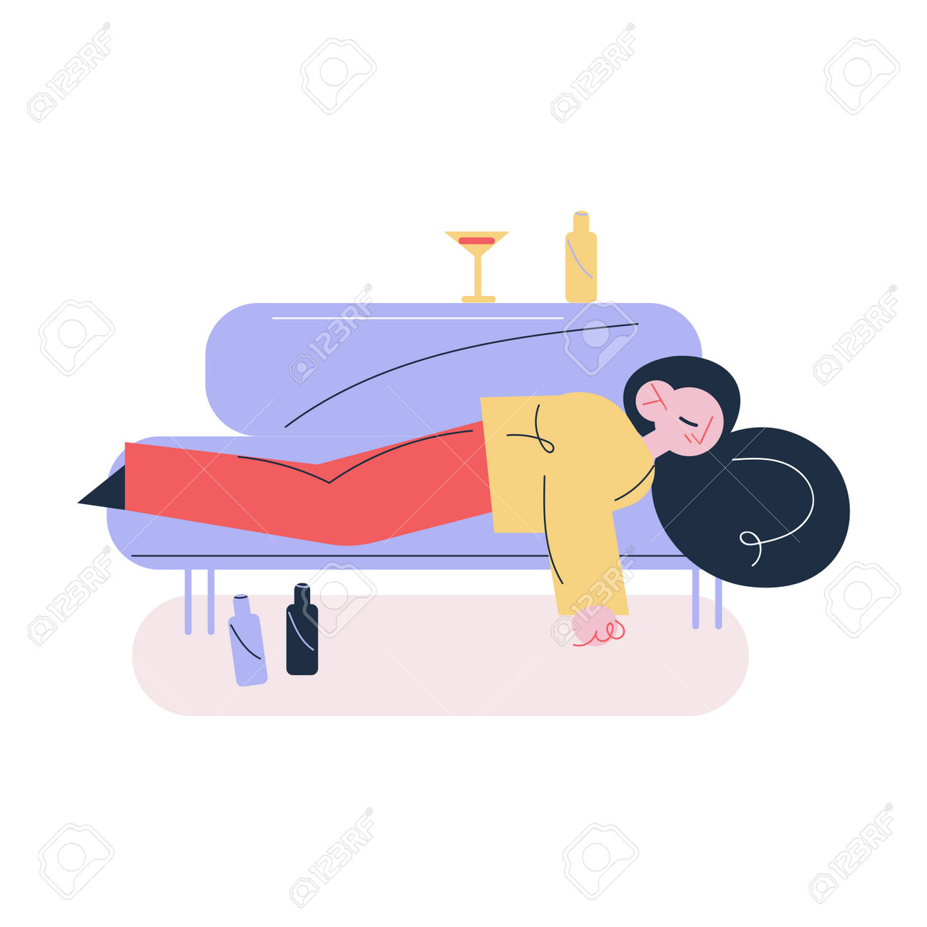 Young woman sleeping on sofa with bottles and glasses suffering from hangover in morning - 163440678 Young woman sleeping on sofa with bottles and glasses suffering from hangover in morning - 163440678